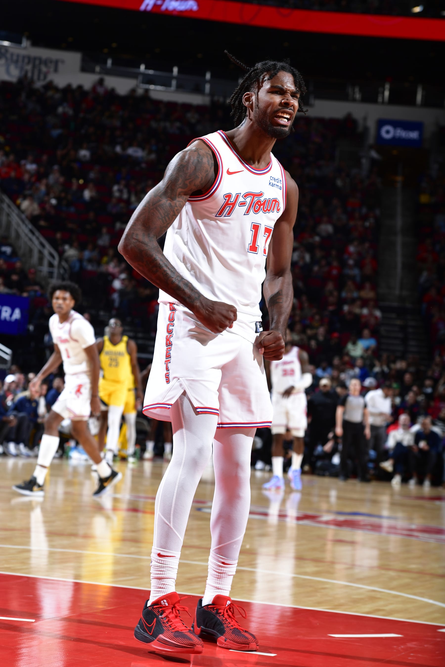 HOUSTON, TX - DECEMBER 26:  Tari Eason #17 of the Houston Rockets celebrates during the game against the Indiana Pacers on December 26, 2023 at the Toyota Center in Houston, Texas. NOTE TO USER: User expressly acknowledges and agrees that, by downloading and or using this photograph, User is consenting to the terms and conditions of the Getty Images License Agreement. Mandatory Copyright Notice: Copyright 2023 NBAE (Photo by Logan Riely/NBAE via Getty Images)