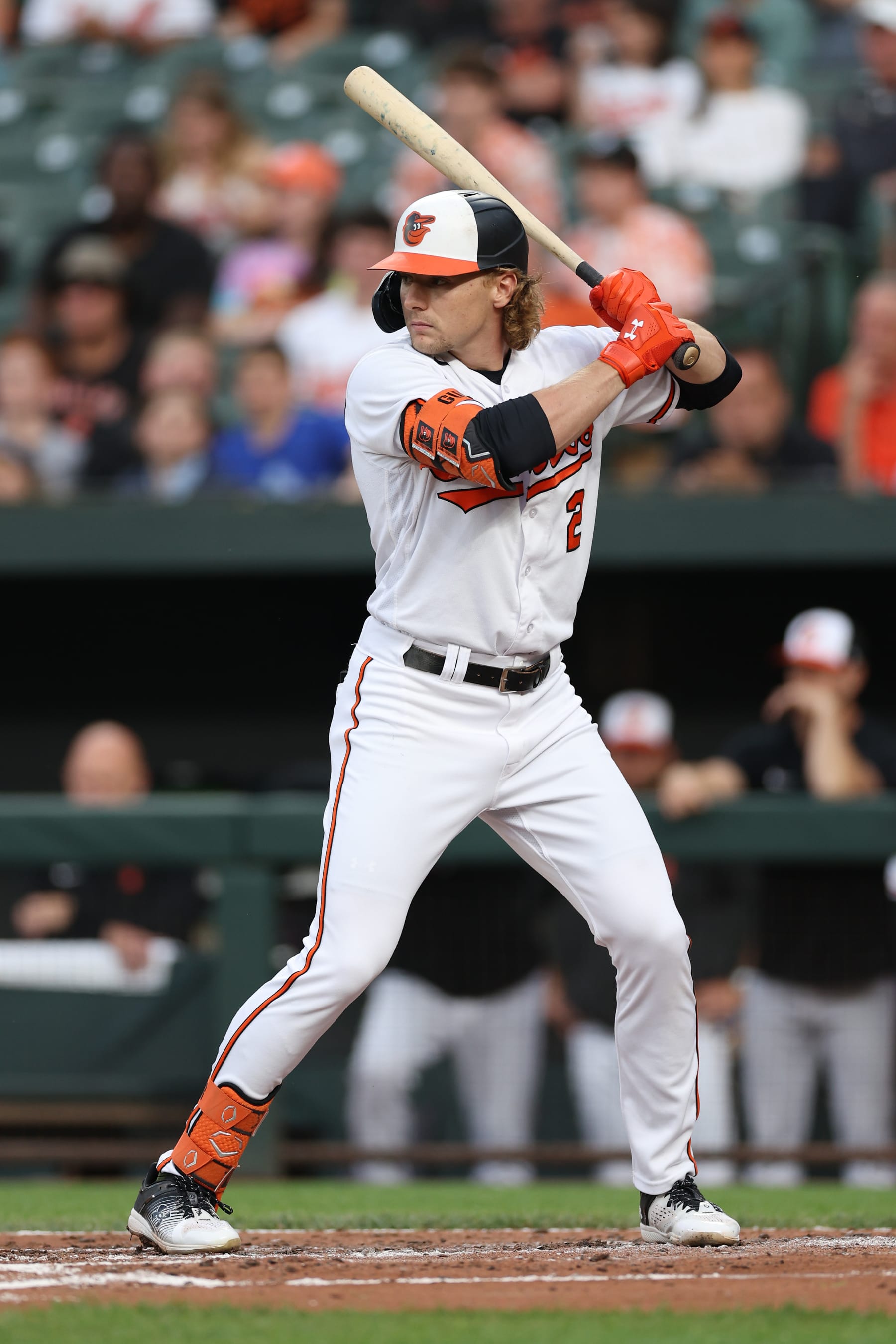 BALTIMORE, MARYLAND - MAY 30: Gunnar Henderson #2 of the Baltimore Orioles bats against the Cleveland Guardians at Oriole Park at Camden Yards on May 30, 2023 in Baltimore, Maryland. (Photo by Patrick Smith/Getty Images)