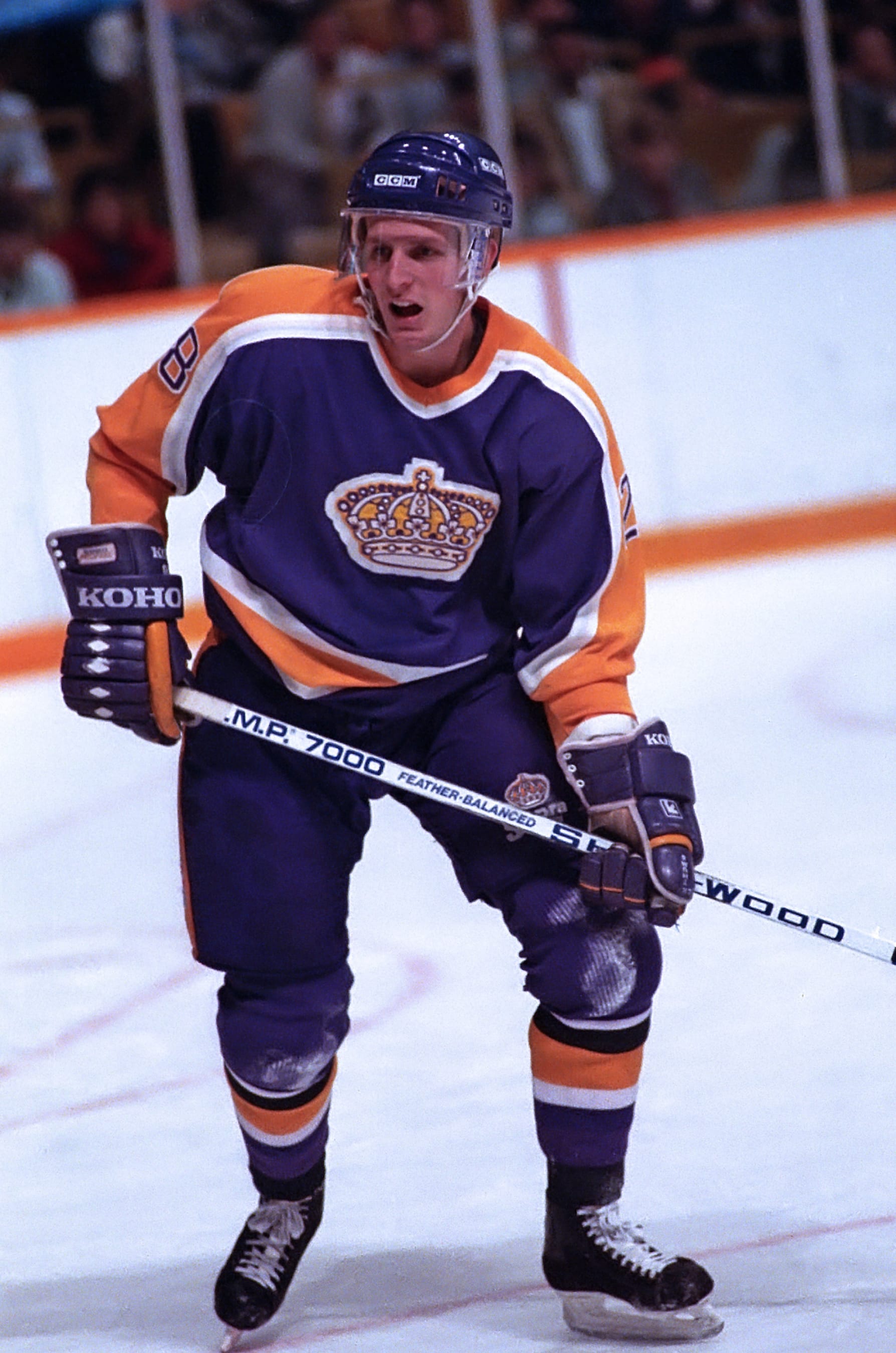 TORONTO, ON - NOVEMBER 21: Steve Duchesne #28 of the Los Angeles Kings skates against the Toronto Maple Leafs during NHL game action on November 21, 1987 at Maple Leaf Gardens in Toronto, Ontario Canada. Toronto tied Los Angeles 6-6. (Photo by Graig Abel/Getty Images)