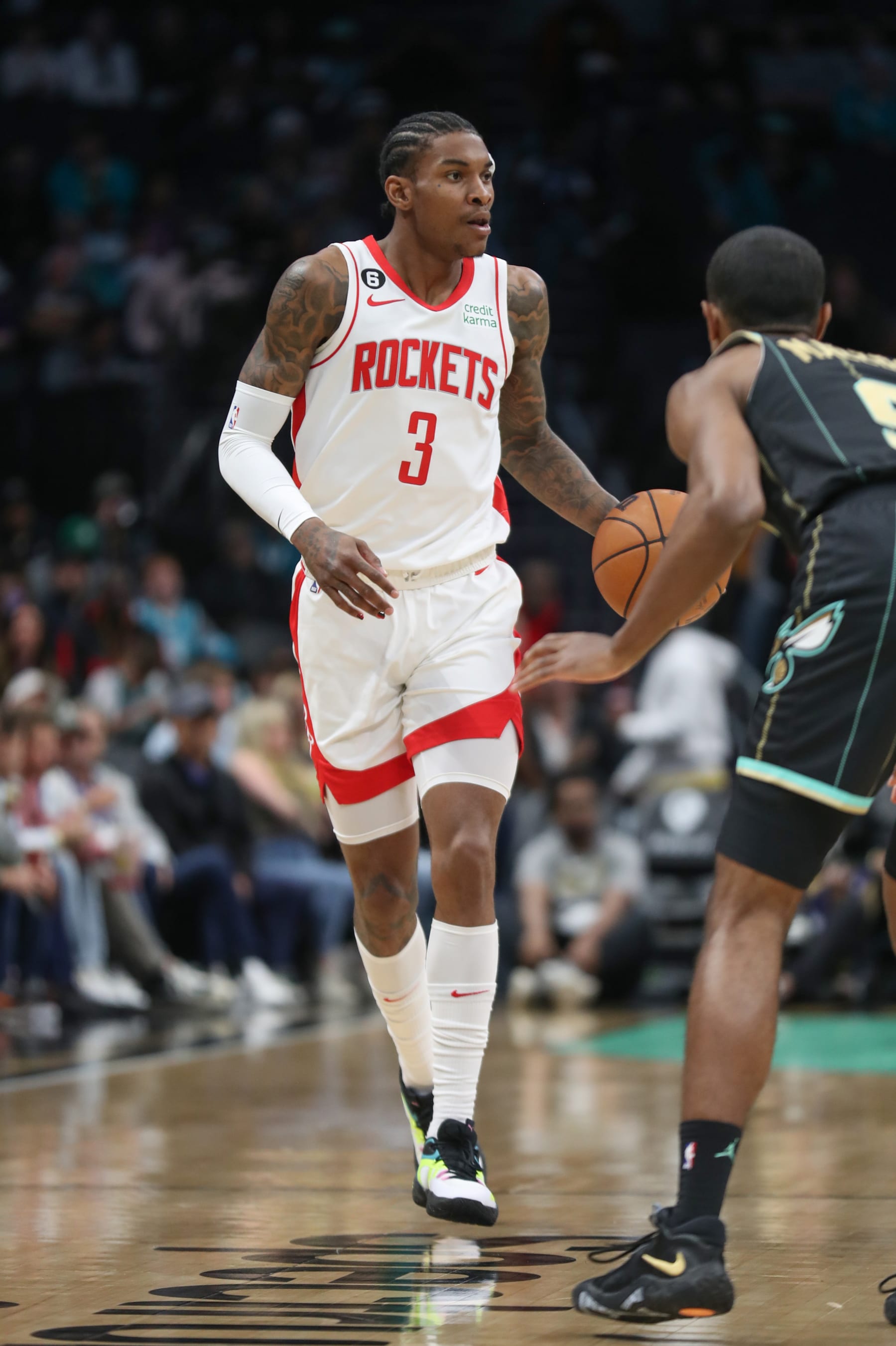 CHARLOTTE, NC - APRIL 7:  Kevin Porter Jr. #3 of the Houston Rockets goes to the basket during the game on April 7, 2023 at Spectrum Center in Charlotte, North Carolina. NOTE TO USER: User expressly acknowledges and agrees that, by downloading and or using this photograph, User is consenting to the terms and conditions of the Getty Images License Agreement.  Mandatory Copyright Notice:  Copyright 2023 NBAE (Photo by Brock Williams-Smith/NBAE via Getty Images)