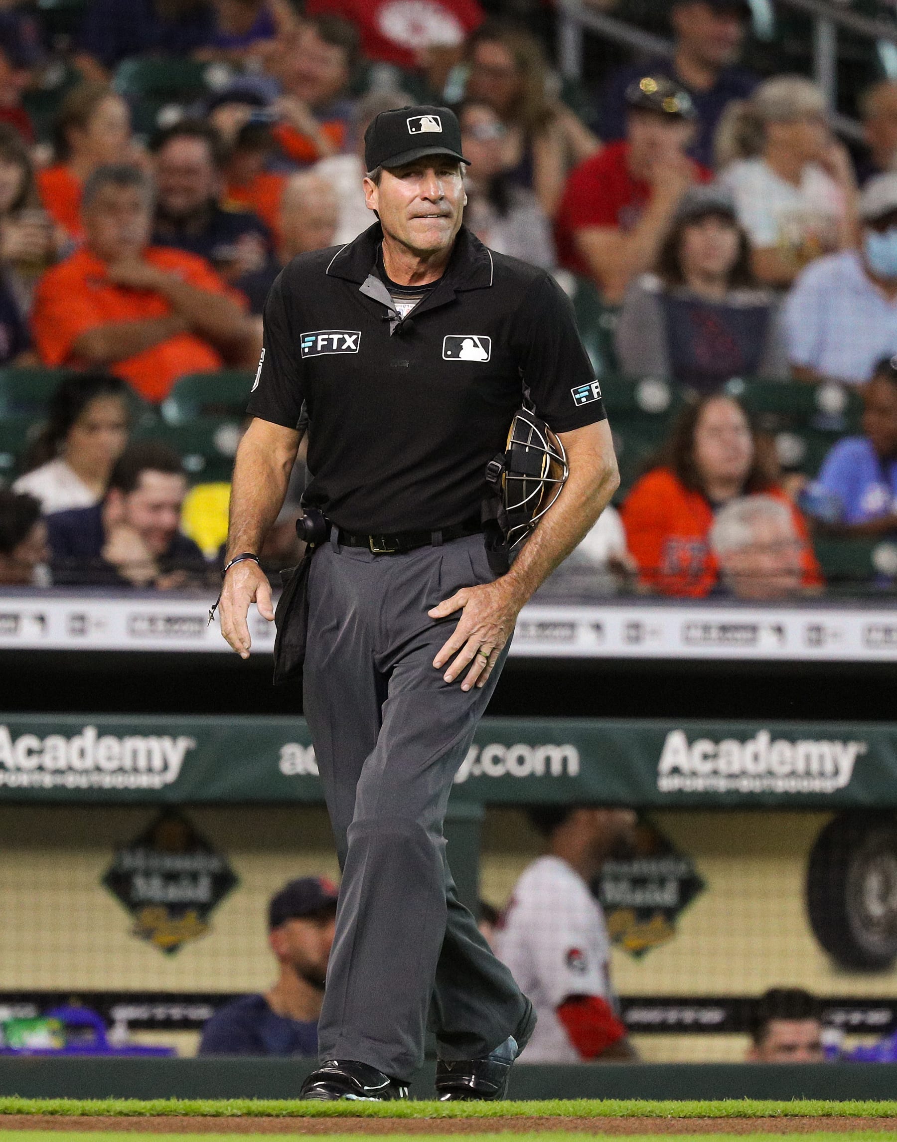 HOUSTON, TEXAS - AUGUST 01: Umpire Angel Hernandez #5 as the Boston Red Sox play the Houston Astros at Minute Maid Park on August 01, 2022 in Houston, Texas. (Photo by Bob Levey/Getty Images)