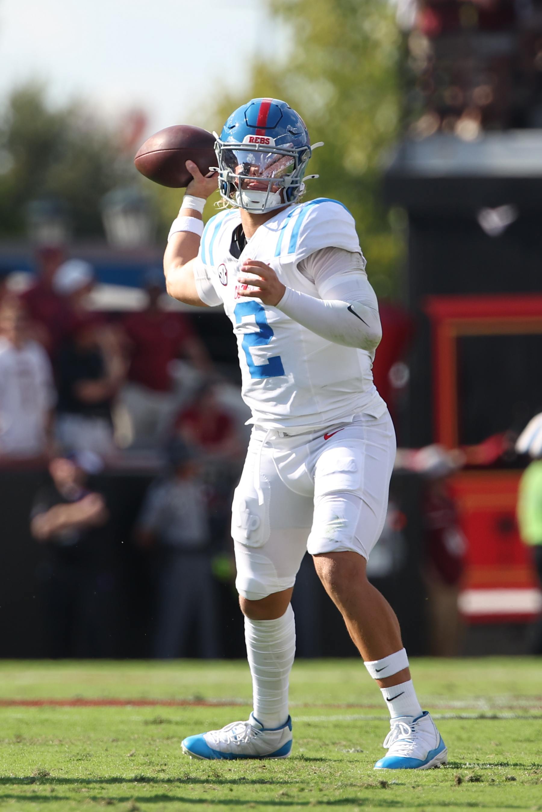 COLUMBIA, SC - OCTOBER 05: Mississippi Rebels quarterback Jaxson Dart (2) makes a pass attempt during the game between the Ole Miss Rebels and the South Carolina Gamecocks on Saturday, October 5, 2024 at Williams-Brice Stadium in Columbia, SC (Photo by Peter Joneleit/Icon Sportswire via Getty Images)
