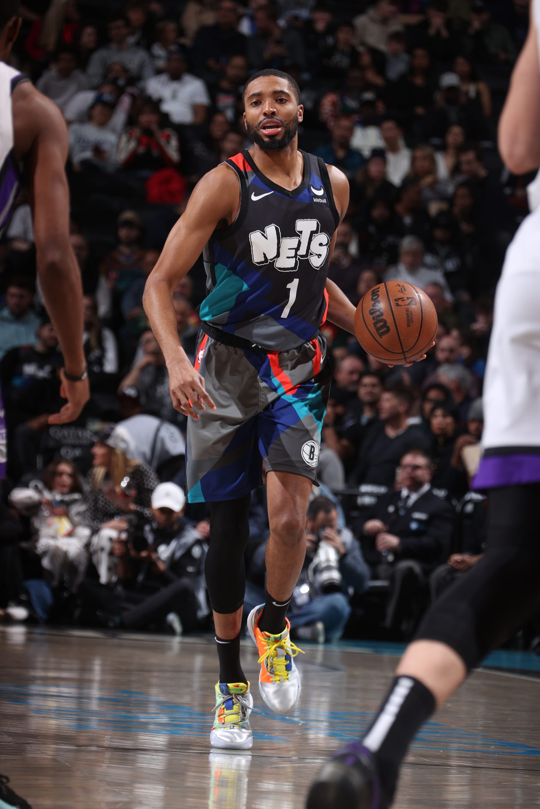 BROOKLYN, NY - APRIL 7: Mikal Bridges #1 of the Brooklyn Nets handles the ball during the game against the Sacramento Kings on April 7, 2024 at Barclays Center in Brooklyn, New York. NOTE TO USER: User expressly acknowledges and agrees that, by downloading and or using this Photograph, user is consenting to the terms and conditions of the Getty Images License Agreement. Mandatory Copyright Notice: Copyright 2024 NBAE (Photo by Nathaniel S. Butler/NBAE via Getty Images)