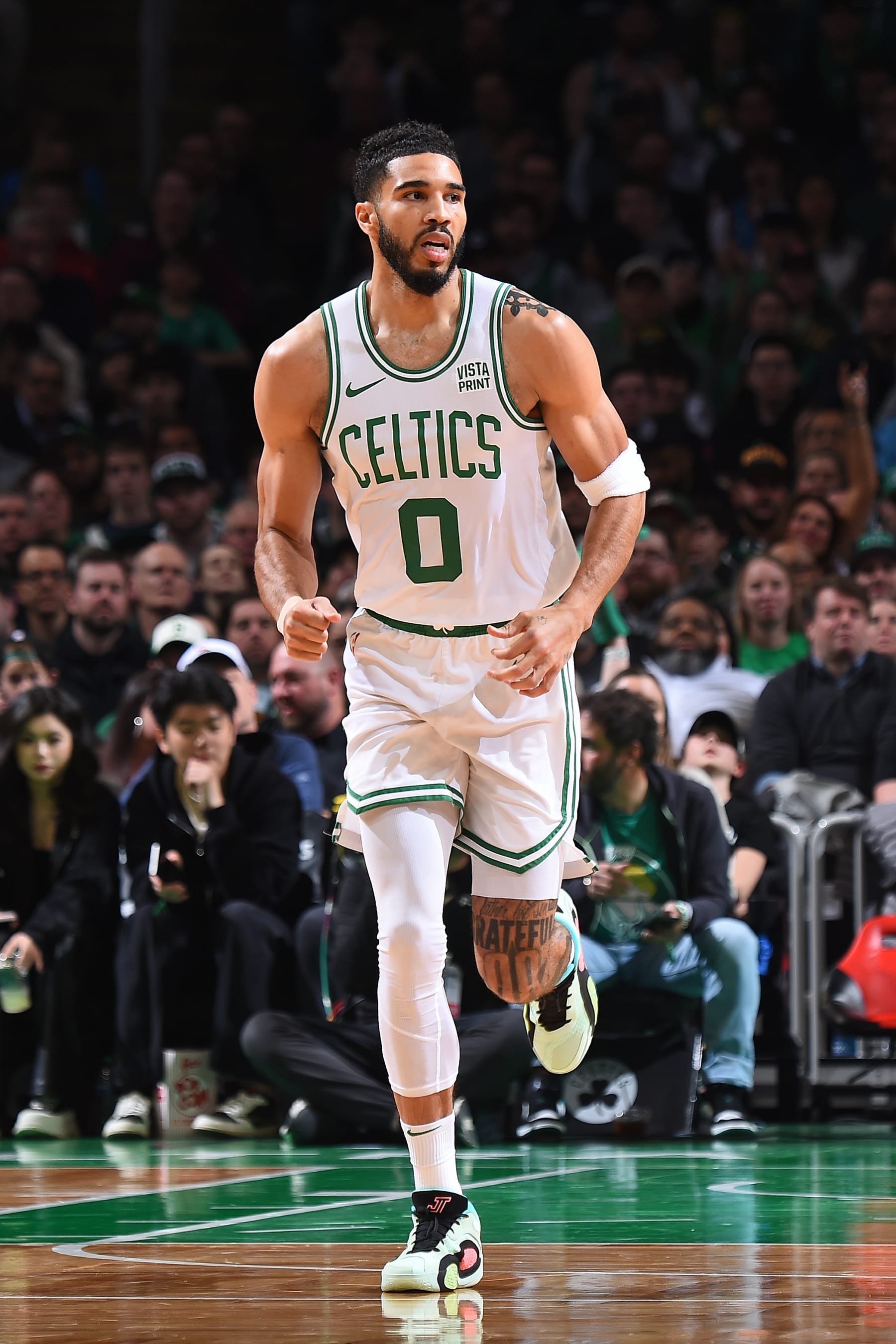 BOSTON, MA - APRIL 3: Jayson Tatum #0 of the Boston Celtics looks on during the game against the Oklahoma City Thunder on April 3, 2024 at the TD Garden in Boston, Massachusetts. NOTE TO USER: User expressly acknowledges and agrees that, by downloading and or using this photograph, User is consenting to the terms and conditions of the Getty Images License Agreement. Mandatory Copyright Notice: Copyright 2024 NBAE  (Photo by Brian Babineau/NBAE via Getty Images)