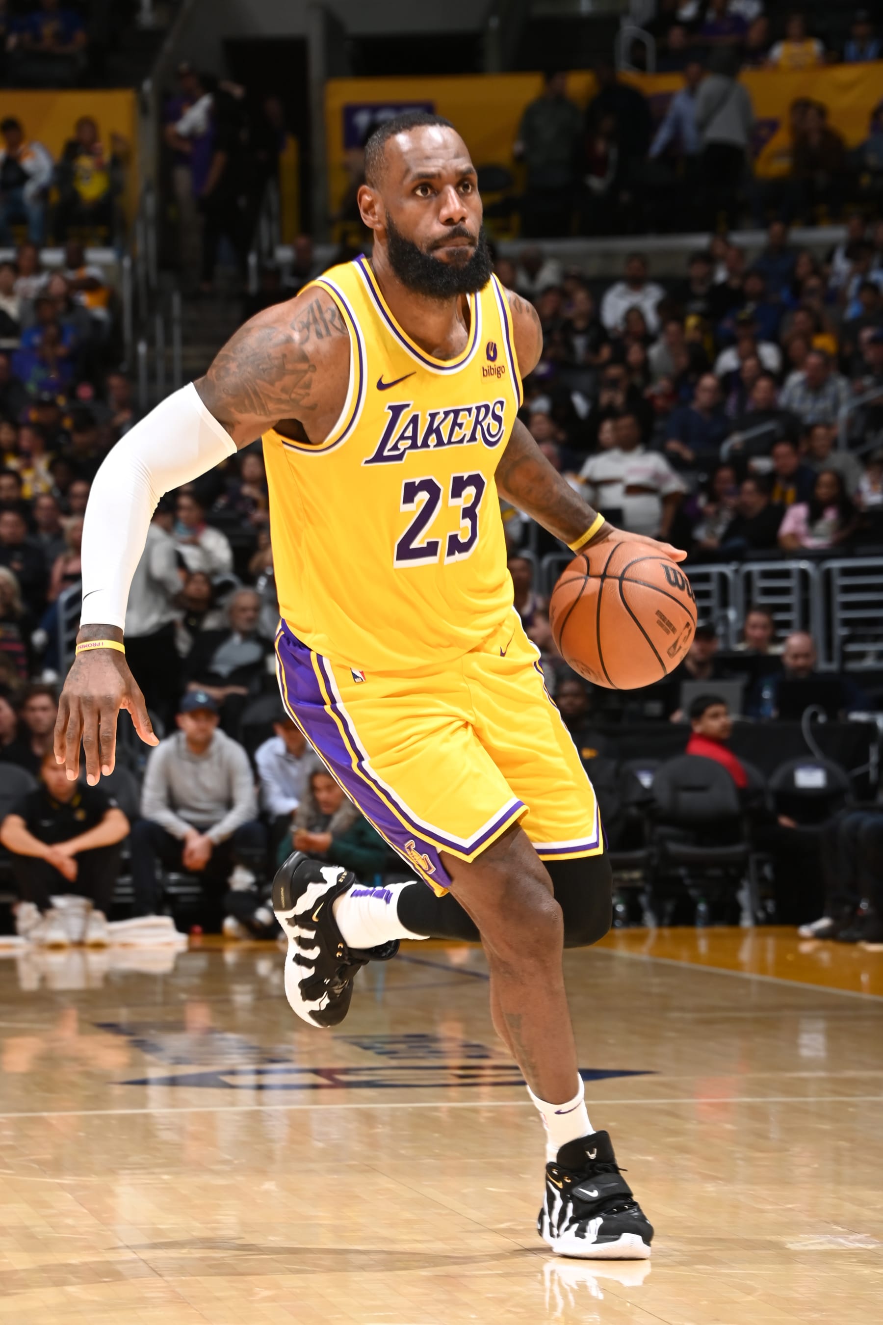 LOS ANGELES, CA - APRIL 9: LeBron James #23 of the Los Angeles Lakers dribbles the ball during the game against the Golden State Warriors on April 9, 2024 at Crypto.Com Arena in Los Angeles, California. NOTE TO USER: User expressly acknowledges and agrees that, by downloading and/or using this Photograph, user is consenting to the terms and conditions of the Getty Images License Agreement. Mandatory Copyright Notice: Copyright 2024 NBAE (Photo by Andrew D. Bernstein/NBAE via Getty Images)
