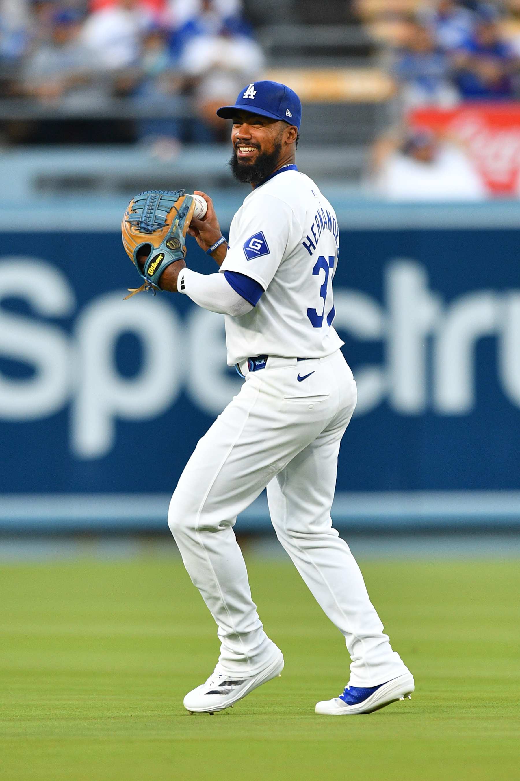 LOS ANGELES, CA - AUGUST 27: Los Angeles Dodgers outfielder Teoscar Hernandez (37) warms up before the MLB game between the Baltimore Orioles and the Los Angeles Dodgers on August 27, 2024 at Dodger Stadium in Los Angeles, CA. (Photo by Brian Rothmuller/Icon Sportswire via Getty Images)
