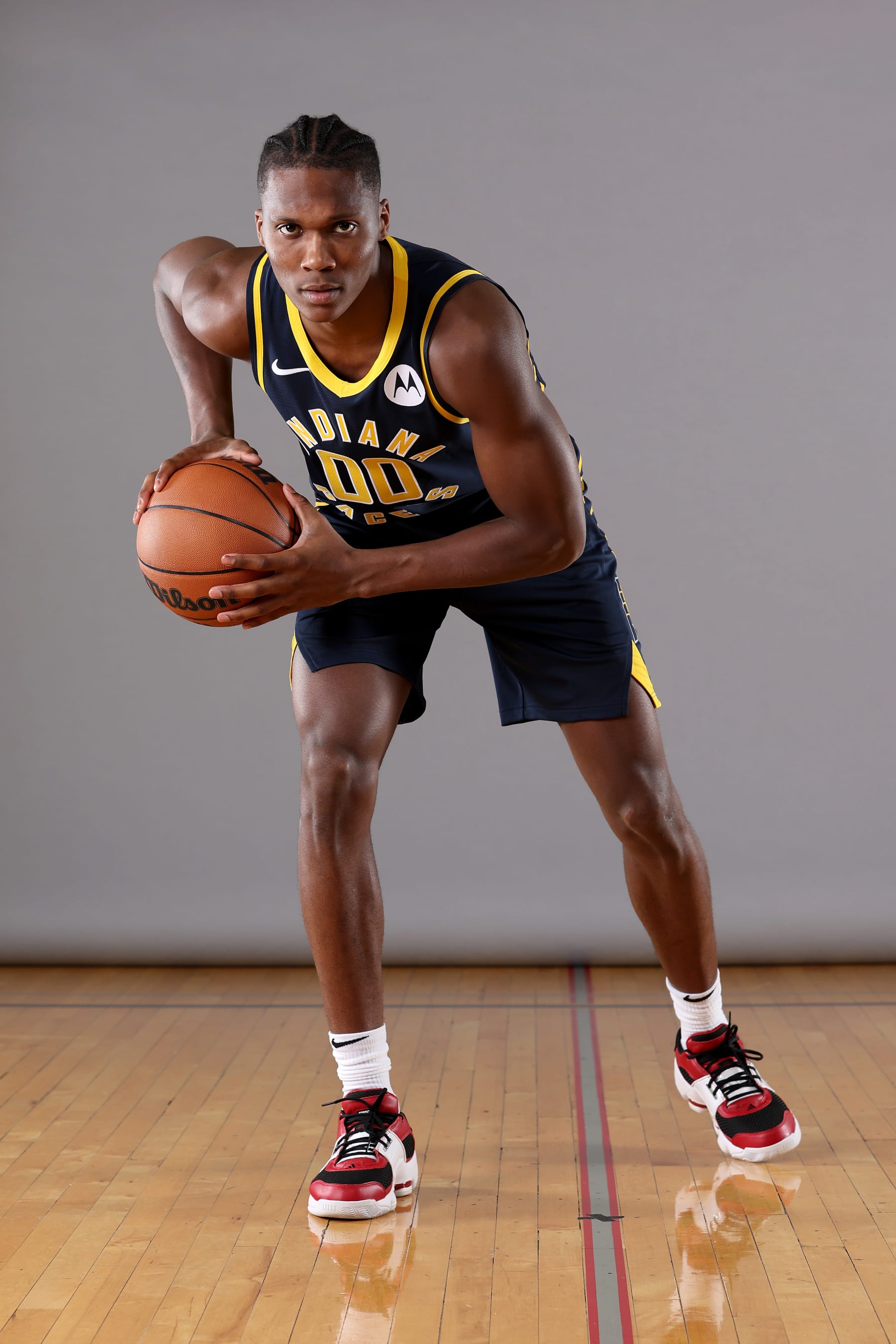 LAS VEGAS, NEVADA - JULY 15: Bennedict Mathurin #00 of the Indiana Pacers poses during the 2022 NBA Rookie Portraits at UNLV on July 15, 2022 in Las Vegas, Nevada. NOTE TO USER: User expressly acknowledges and agrees that, by downloading and/or using this photograph, User is consenting to the terms and conditions of the Getty Images License Agreement. (Photo by Gregory Shamus/Getty Images)