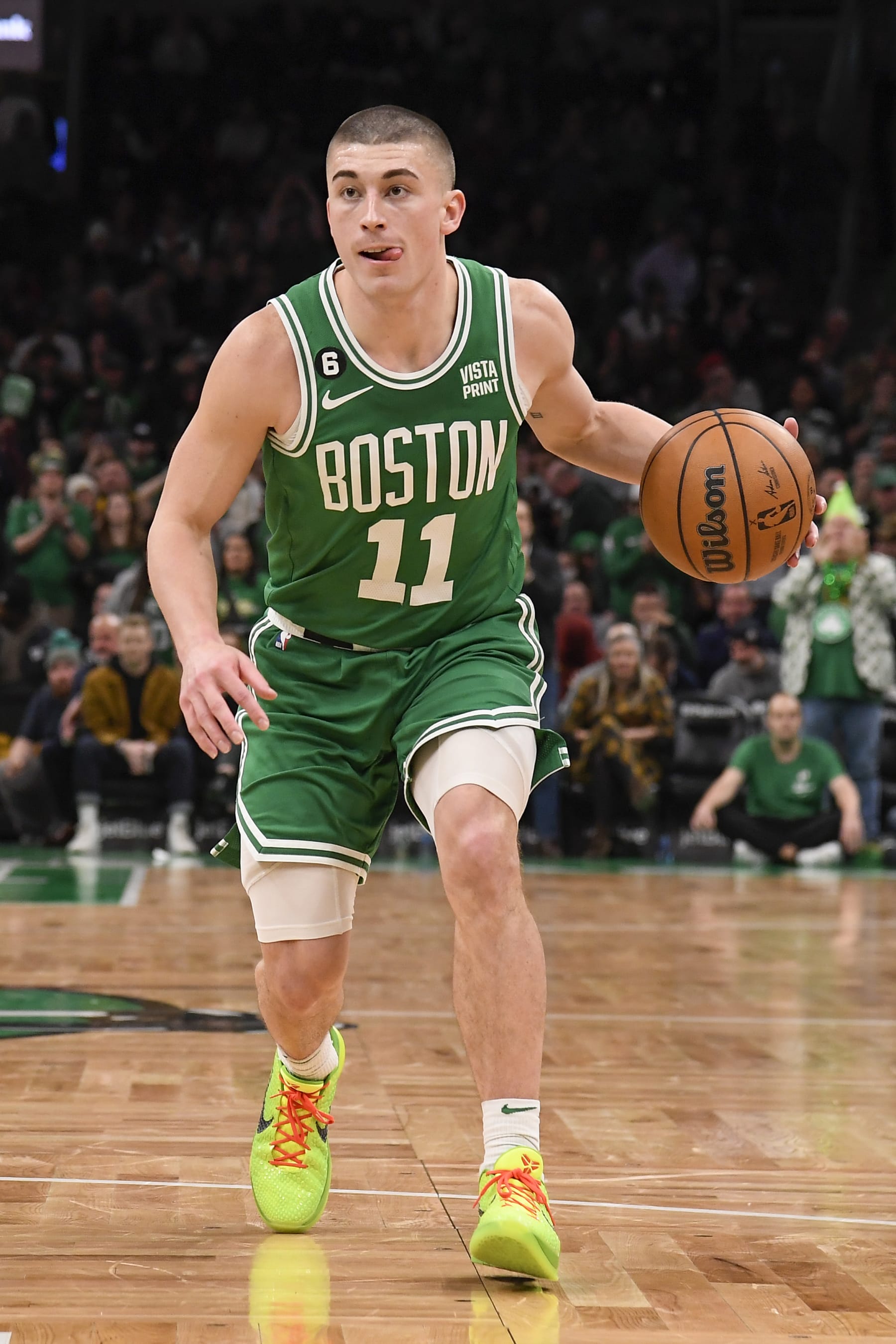BOSTON, MA - JANUARY 11:  Payton Pritchard #11 of the Boston Celtics drives to the basket during the game against the New Orleans Pelicans on January 11, 2023 at the TD Garden in Boston, Massachusetts.  NOTE TO USER: User expressly acknowledges and agrees that, by downloading and or using this photograph, User is consenting to the terms and conditions of the Getty Images License Agreement. Mandatory Copyright Notice: Copyright 2023 NBAE  (Photo by Brian Babineau/NBAE via Getty Images)