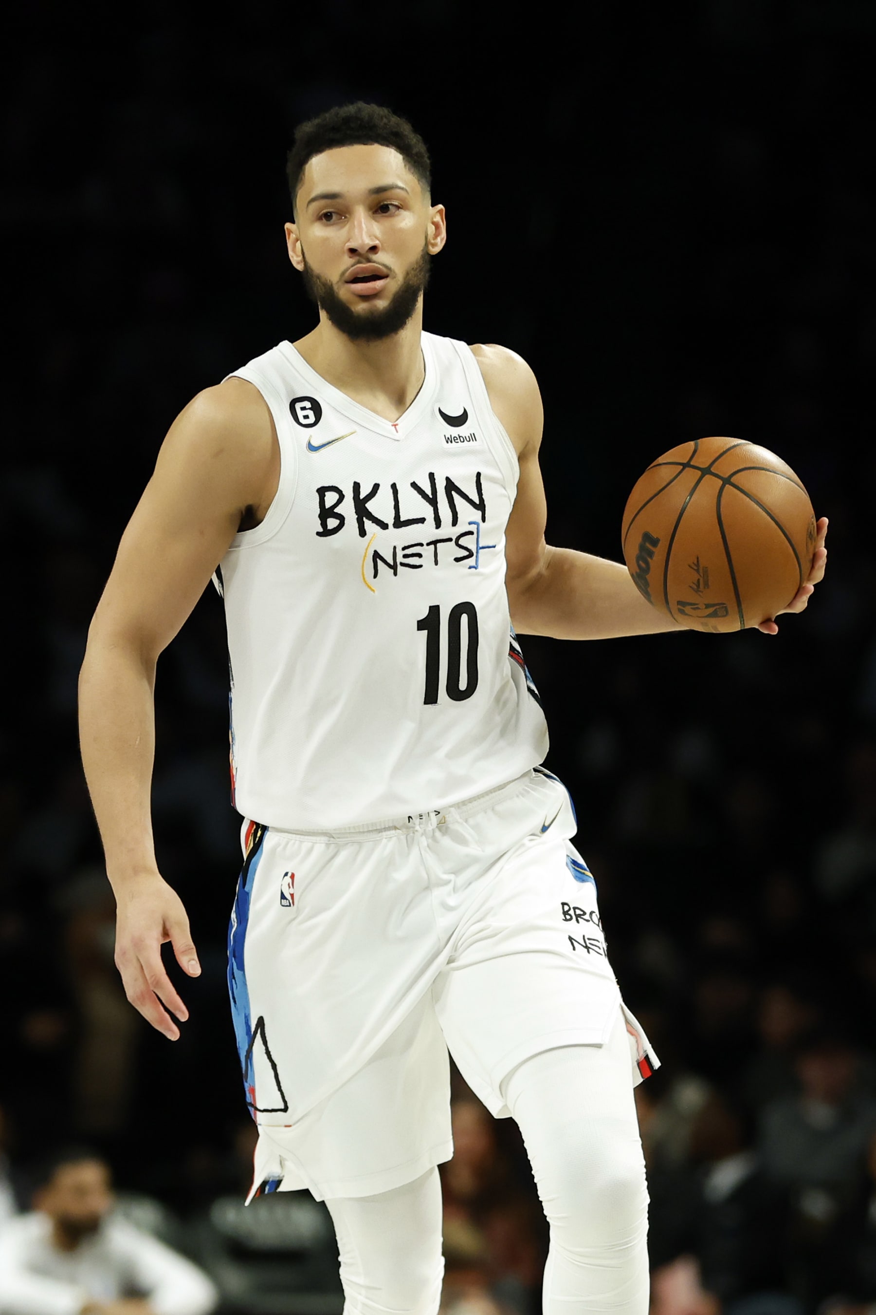 NEW YORK, NEW YORK - FEBRUARY 15: Ben Simmons #10 of the Brooklyn Nets dribbles during the first half against the Miami Heat at Barclays Center on February 15, 2023 in the Brooklyn borough of New York City. NOTE TO USER: User expressly acknowledges and agrees that, by downloading and/or using this photograph, User is consenting to the terms and conditions of the Getty Images License Agreement. (Photo by Sarah Stier/Getty Images)