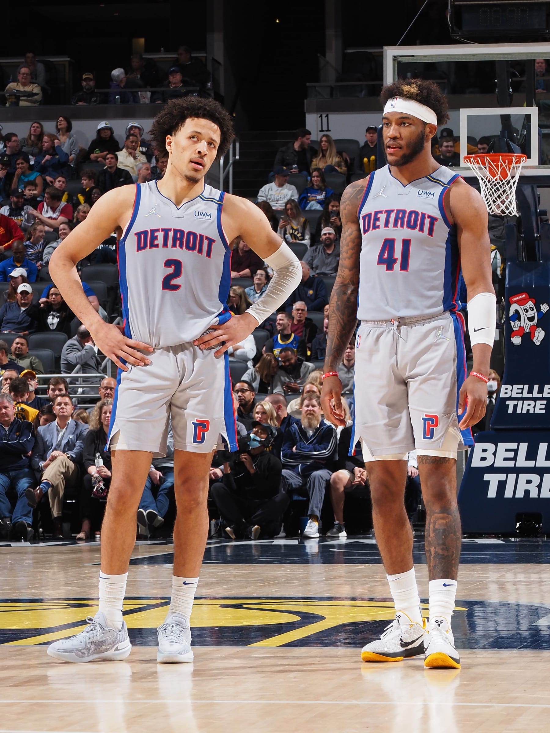 INDIANAPOLIS, IN - DECEMBER 16: Cade Cunningham #2 and Saddiq Bey #41 of the Detroit Pistons talk during the game against the Indiana Pacers on December 16, 2021 at Gainbridge Fieldhouse in Indianapolis, Indiana. NOTE TO USER: User expressly acknowledges and agrees that, by downloading and or using this Photograph, user is consenting to the terms and conditions of the Getty Images License Agreement. Mandatory Copyright Notice: Copyright 2021 NBAE (Photo by Ron Hoskins/NBAE via Getty Images)