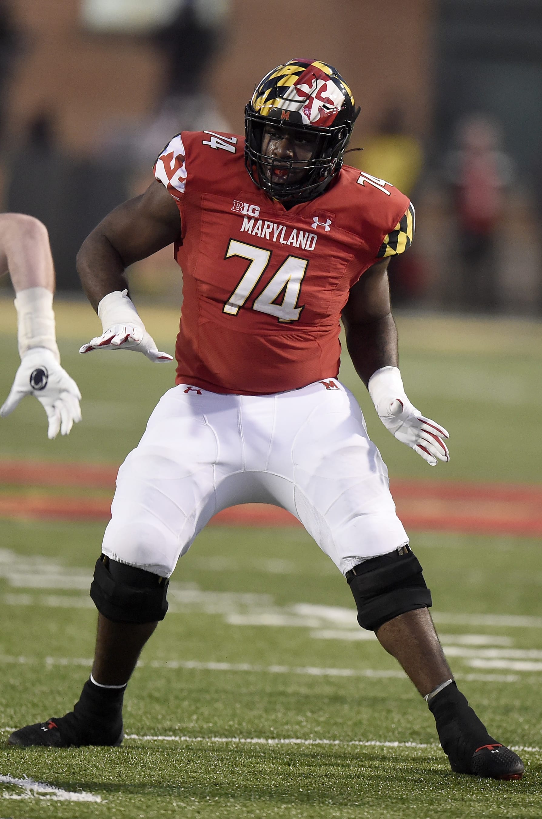 COLLEGE PARK, MARYLAND - NOVEMBER 06: Delmar Glaze #74 of the Maryland Terrapins blocks against the Penn State Nittany Lions at Capital One Field at Maryland Stadium on November 06, 2021 in College Park, Maryland. (Photo by G Fiume/Getty Images)