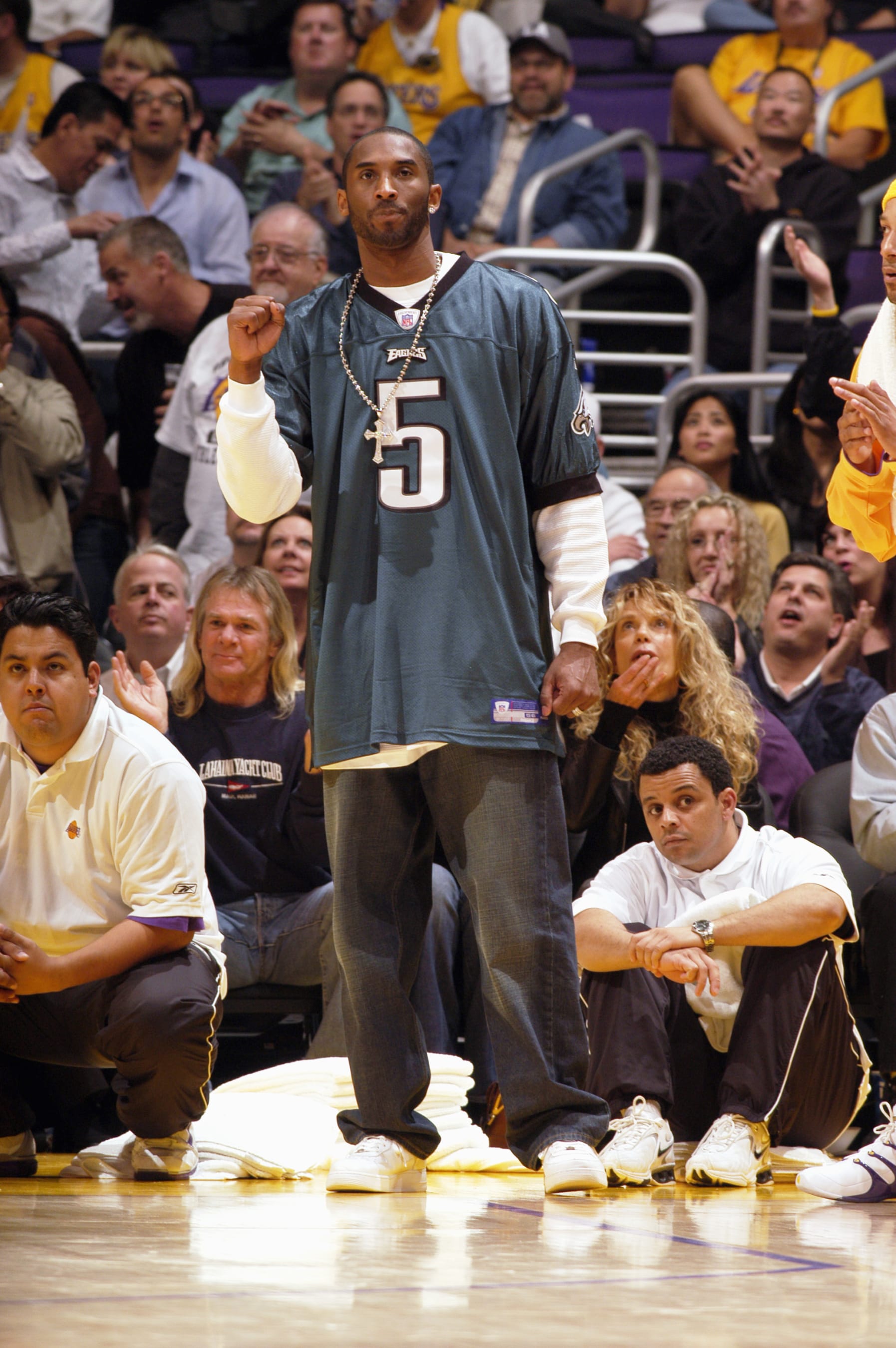 LOS ANGELES - FEBRUARY 3:  Kobe Bryant #8 of the Los Angeles Lakers wears quarterback Donovan McNabb's #5 Philadelphia Eagles jersey during the game against the San Antonio Spurs on February 3, 2005 at the Staples Center in Los Angeles, California. The Spurs won 103-91.  NOTE TO USER: User expressly acknowledges and agrees that, by downloading and/or using this photograph, User is consenting to the terms and conditions of Getty Images License Agreement. Mandatory Copyright Notice: Copyright 2005 NBAE  (Photo by Noah Graham/NBAE via Getty Images)