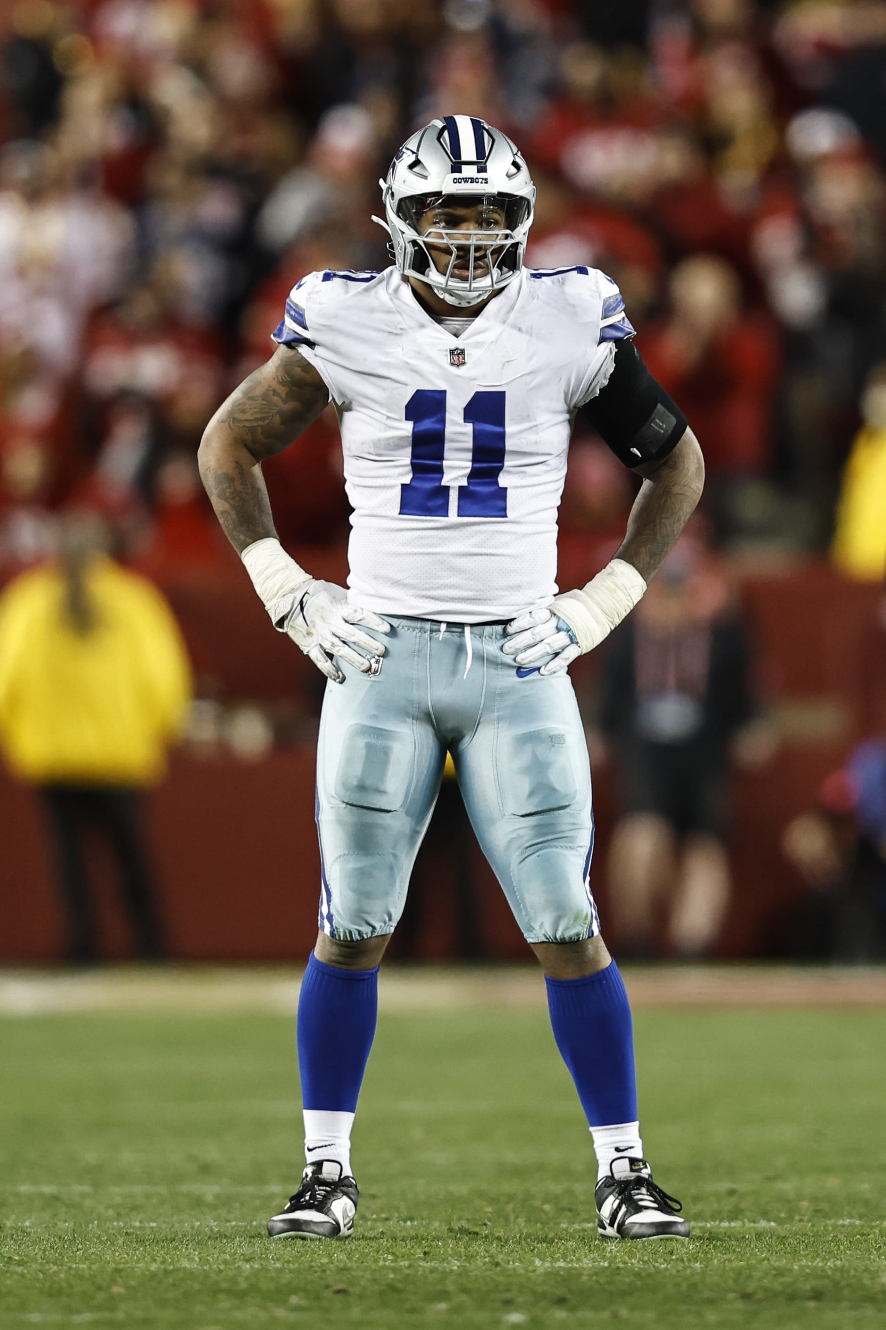 SANTA CLARA, CALIFORNIA - JANUARY 22: Micah Parsons #11 of the Dallas Cowboys looks on during an NFL divisional round playoff football game between the San Francisco 49ers and the Dallas Cowboys at Levi's Stadium on January 22, 2023 in Santa Clara, California. (Photo by Michael Owens/Getty Images)