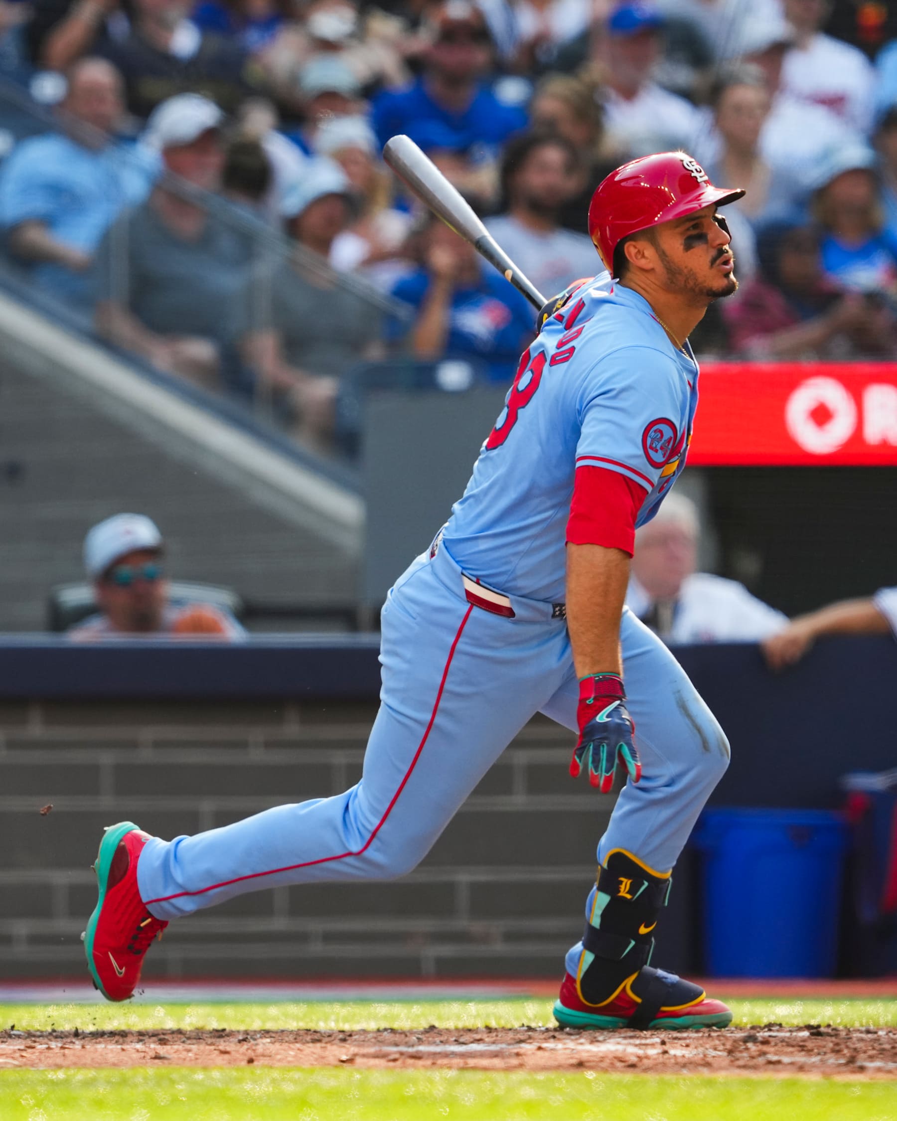 TORONTO, ON - SEPTEMBER 14: Nolan Arenado #28 of the St. Louis Cardinals swings against the Toronto Blue Jays during the sixth inning in their MLB game at the Rogers Centre on September 14, 2024 in Toronto, Ontario, Canada. (Photo by Mark Blinch/Getty Images)