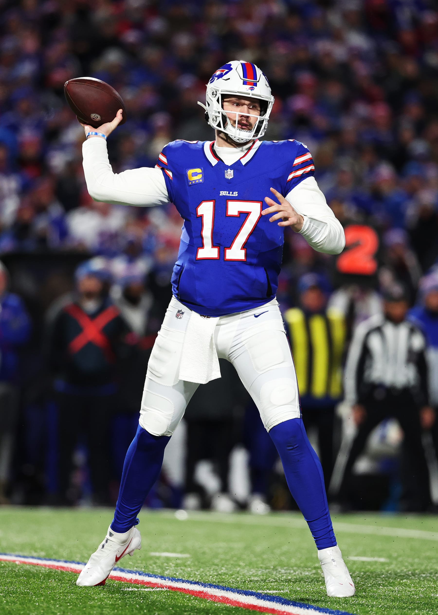 ORCHARD PARK, NEW YORK - JANUARY 21:  Josh Allen #17 of the Buffalo Bills in action against the Kansas City Chiefs during their AFC Divisional Playoff game at Highmark Stadium on January 21, 2024 in Orchard Park, New York.  (Photo by Al Bello/Getty Images)