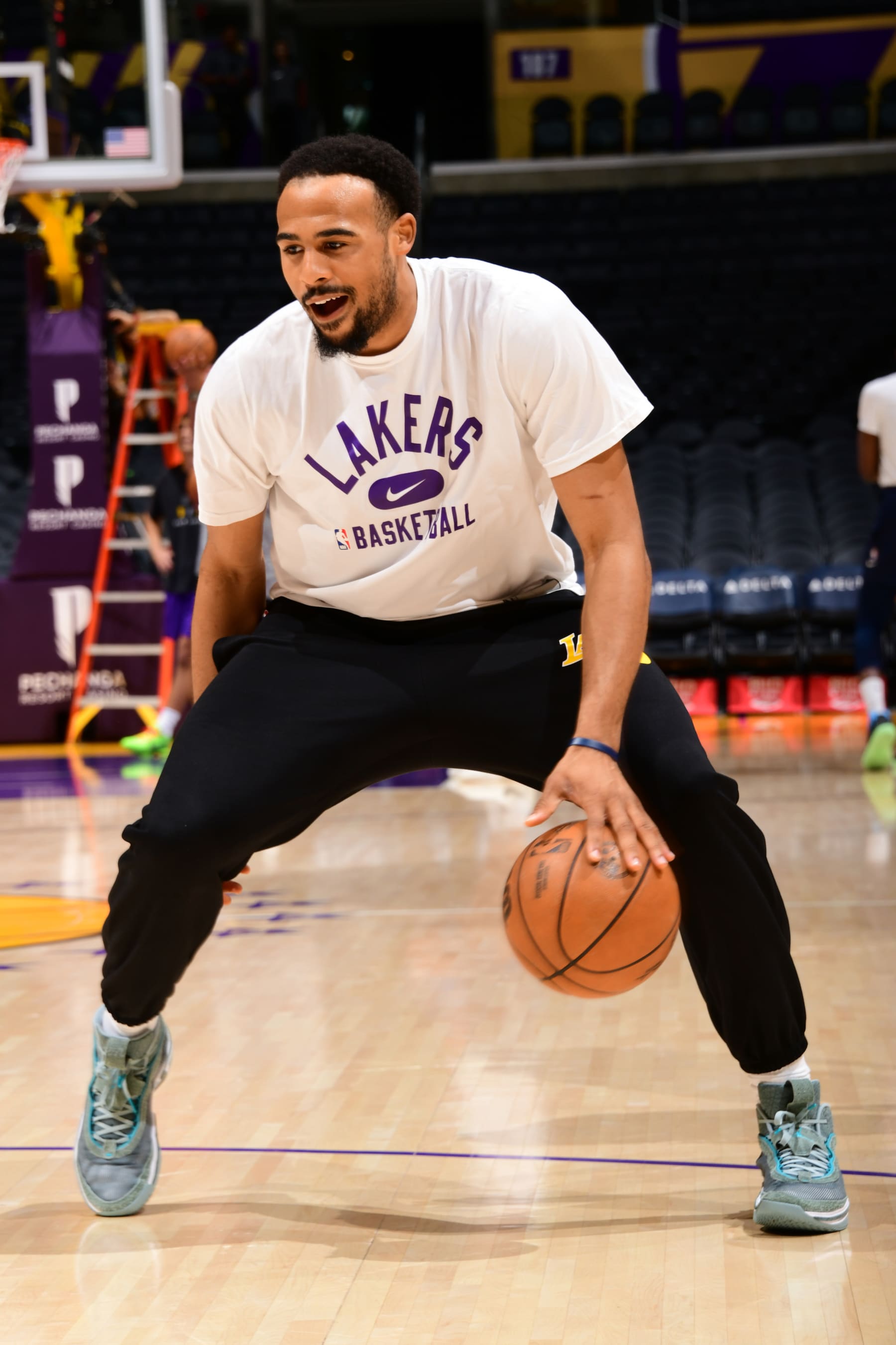 LOS ANGELES, CA - APRIL 8: Talen Horton-Tucker #5 of the Los Angeles Lakers warms up prior to the game against the Oklahoma City Thunder on April 8, 2022 at Crypto.Com Arena in Los Angeles, California. NOTE TO USER: User expressly acknowledges and agrees that, by downloading and/or using this Photograph, user is consenting to the terms and conditions of the Getty Images License Agreement. Mandatory Copyright Notice: Copyright 2022 NBAE (Photo by Adam Pantozzi/NBAE via Getty Images)
