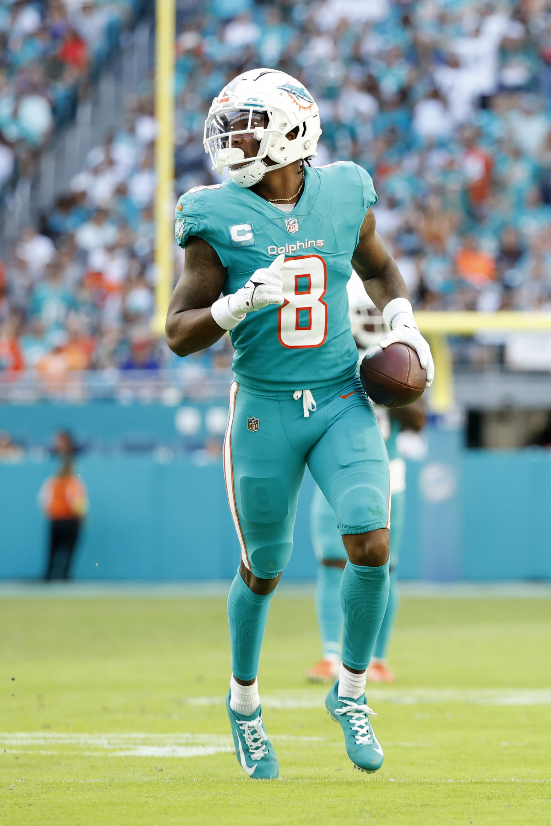 MIAMI GARDENS, FLORIDA - JANUARY 08: Safety Jevon Holland #8 of the Miami Dolphins during their game against the New York Jets at Hard Rock Stadium on January 08, 2023 in Miami Gardens, Florida. (Photo by Cliff Hawkins/Getty Images)