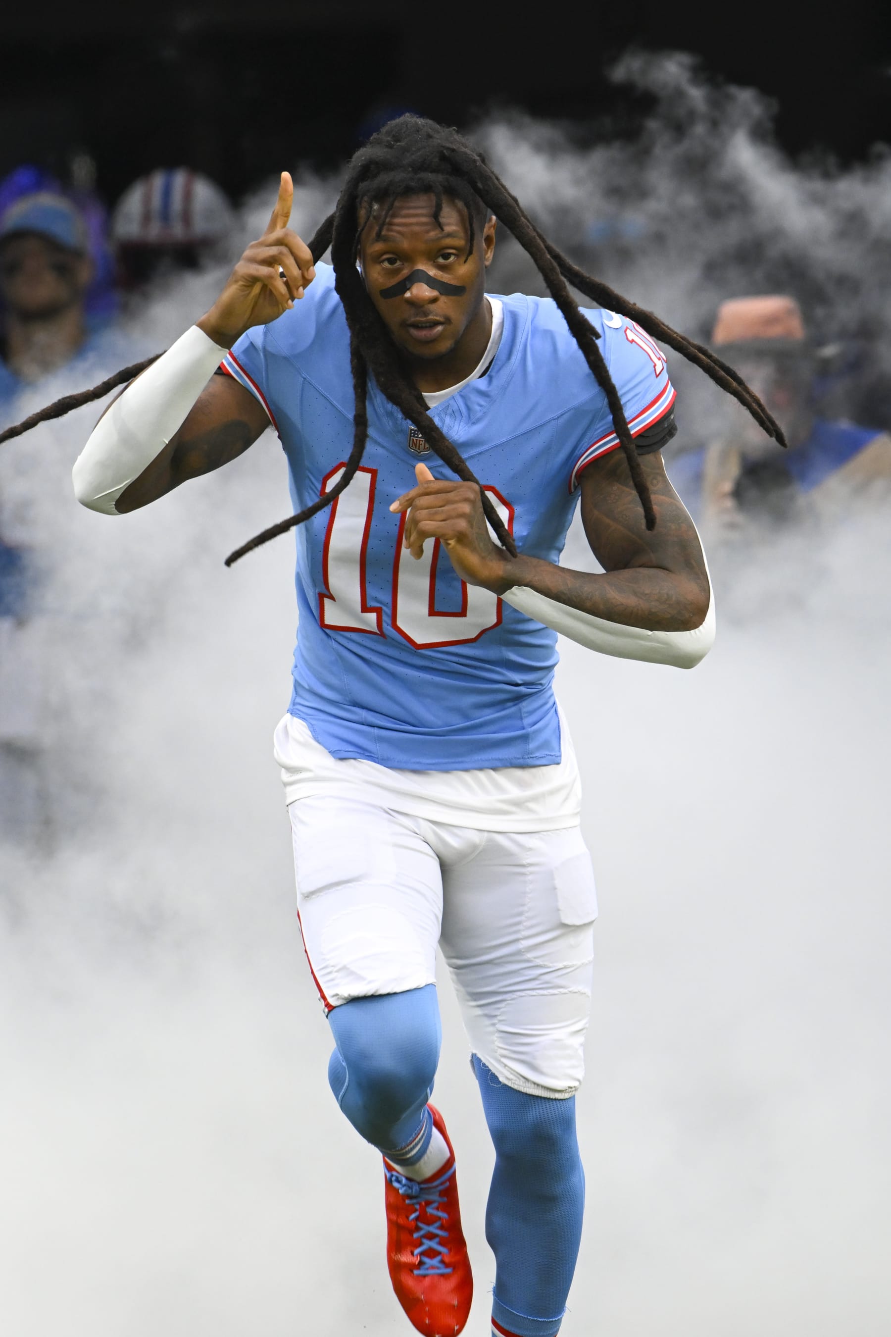 Tennessee Titans wide receiver DeAndre Hopkins (10) is intruduced before an NFL football game against the Atlanta Falcons Sunday, Oct. 29, 2023, in Nashville, Tenn. (AP Photo/John Amis)