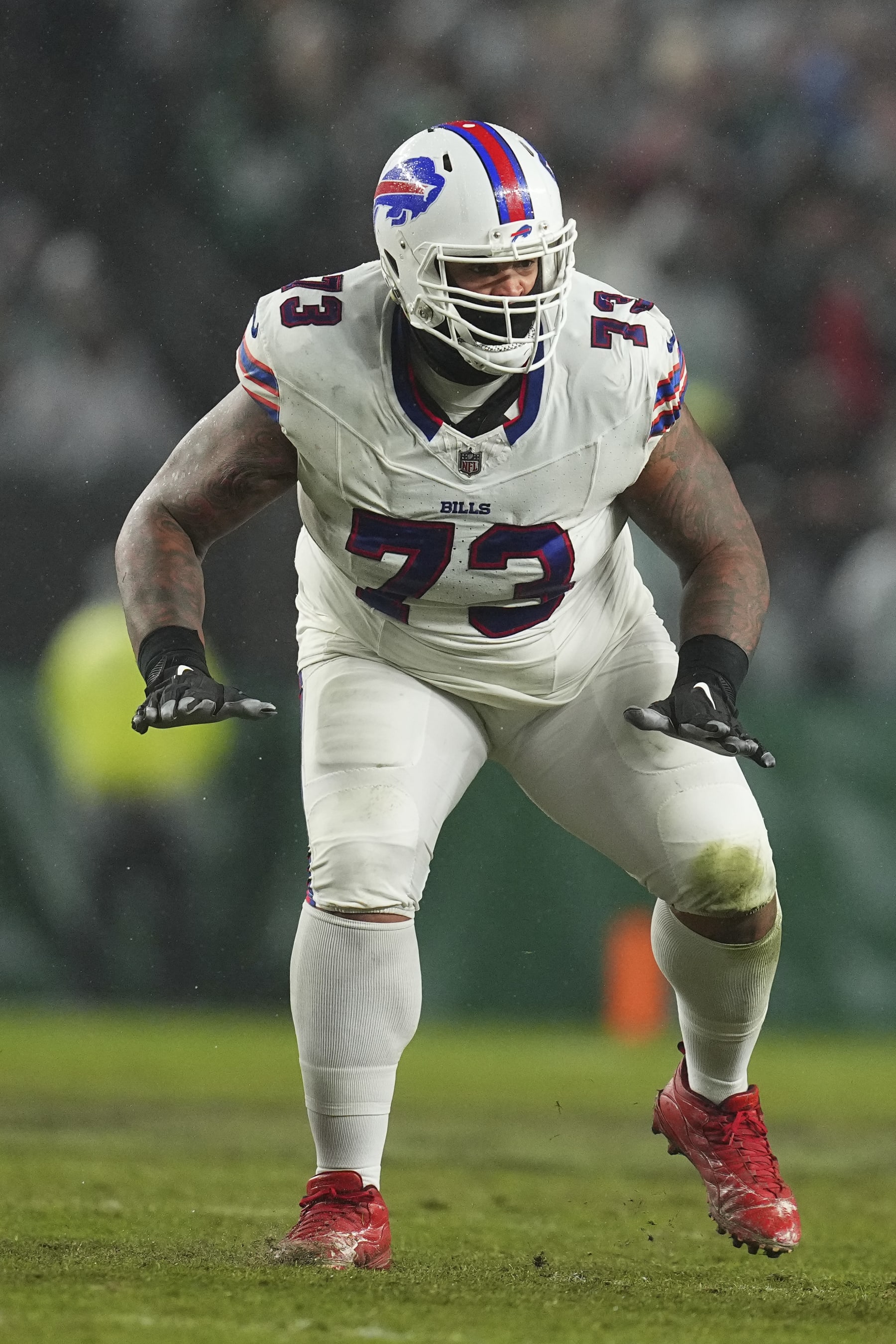 PHILADELPHIA, PENNSYLVANIA - NOVEMBER 26: Dion Dawkins #73 of the Buffalo Bills in action against the Philadelphia Eagles at Lincoln Financial Field on November 26, 2023 in Philadelphia, Pennsylvania. (Photo by Mitchell Leff/Getty Images)