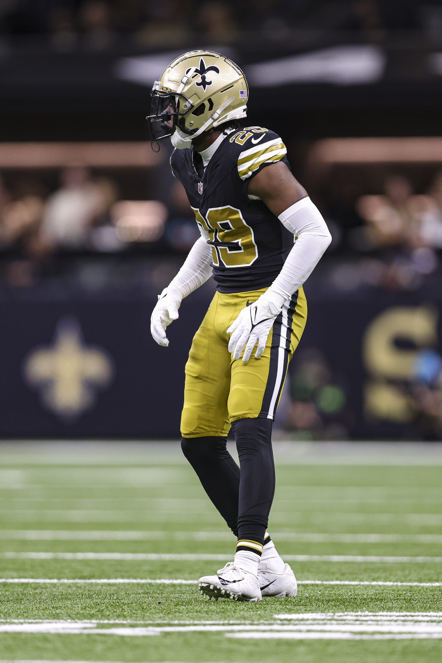 NEW ORLEANS, LA - DECEMBER 10: Marshon Lattimore #23 of the New Orleans Saints lines up during an NFL football game against the Carolina Panthers at Caesars Superdome on December 10, 2023 in New Orleans, LA. (Photo by Perry Knotts/Getty Images)