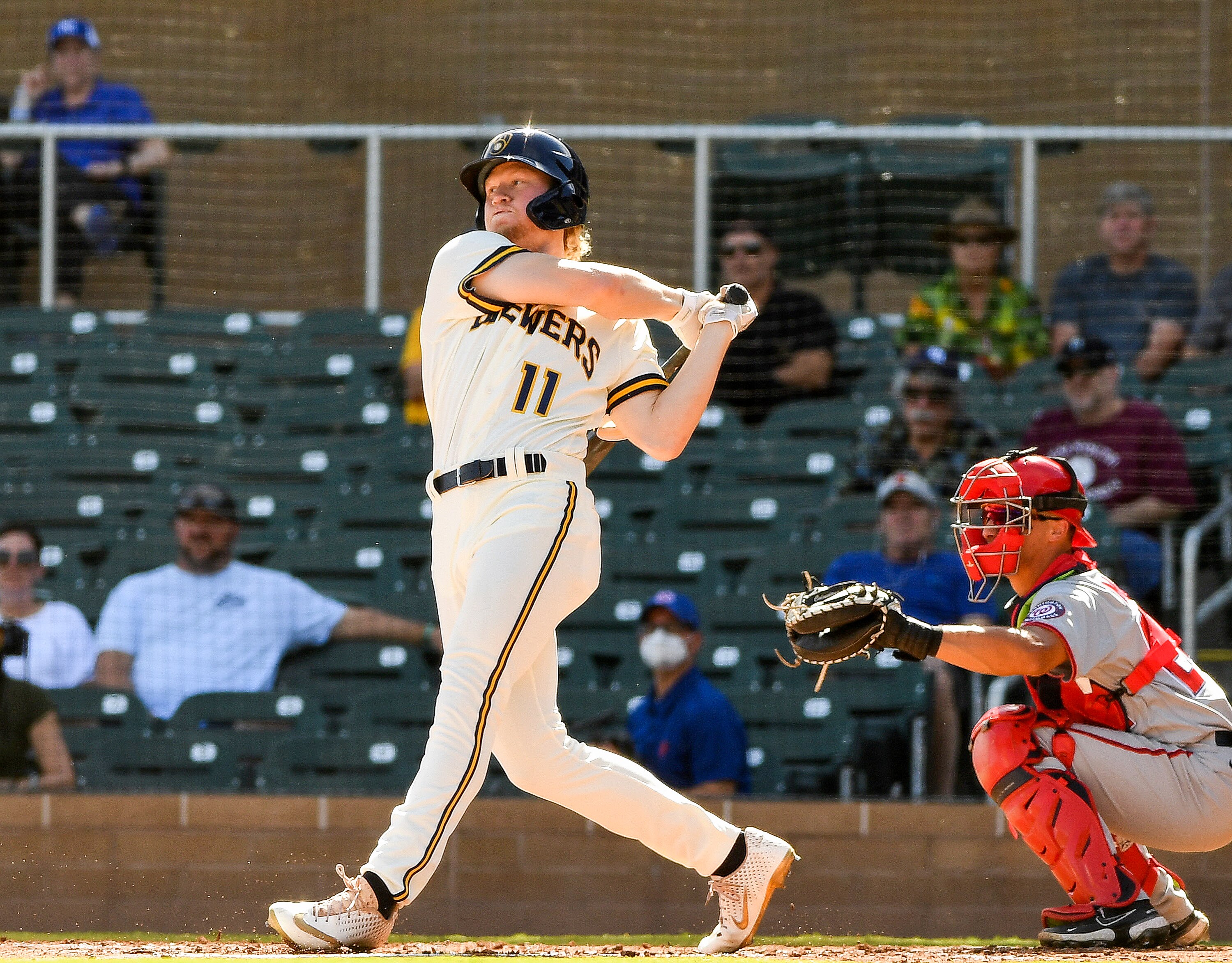 SCOTTSDALE, AZ - OCTOBER 20: Joey Wiemer #11 of the Salt River Rafters bats during the game between the Surprise Saguaros and the Salt River Rafters at Salt River Fields at Talking Stick on Wednesday, October 20, 2021 in Scottsdale, Arizona. (Photo by Jill Weisleder/MLB Photos via Getty Images)