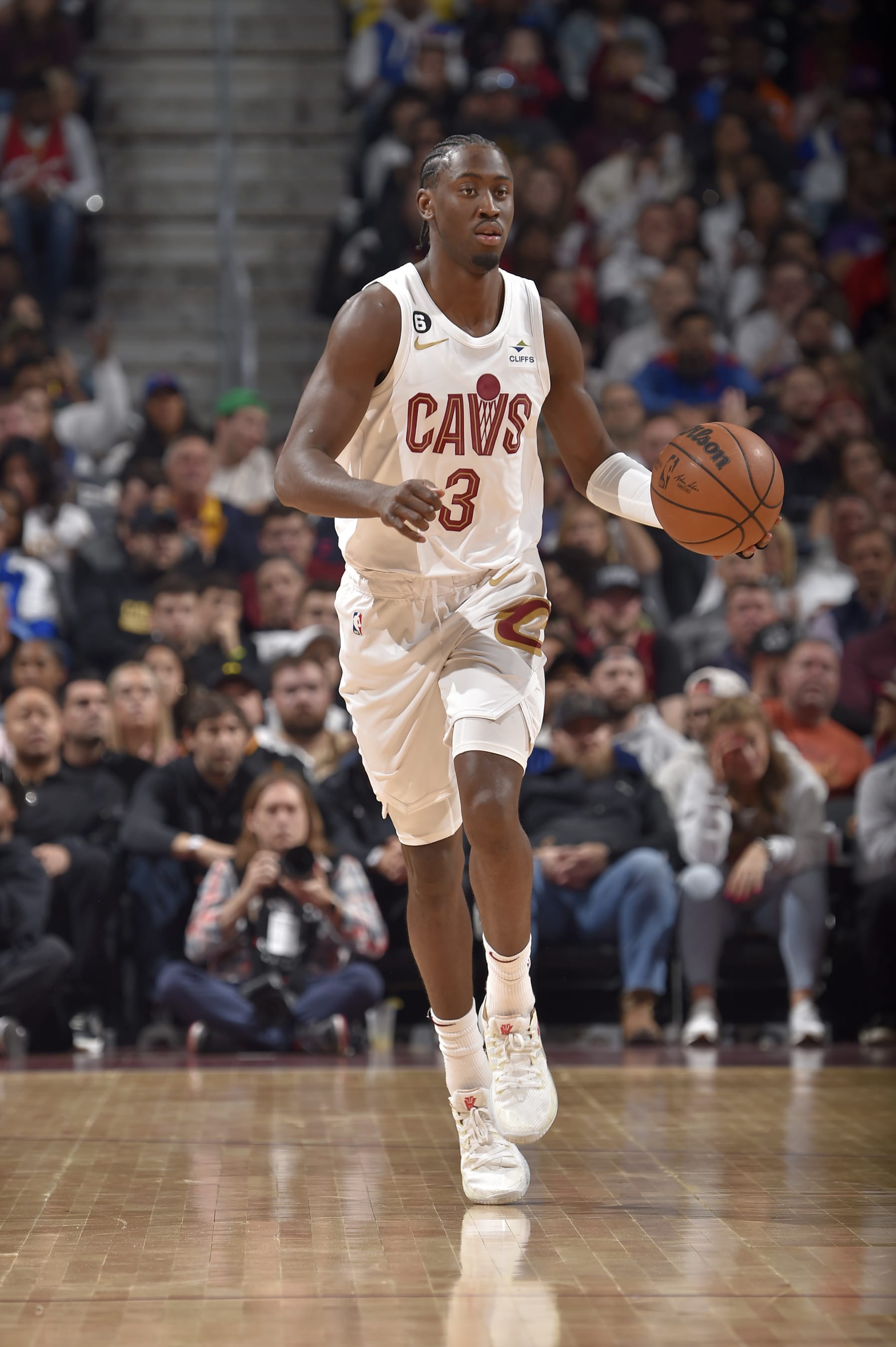 CLEVELAND, OH - APRIL 26: Caris LeVert #3 of the Cleveland Cavaliers handles the ball during the game against the New York Knicks during round 1 Game 5 of the 2023 NBA Playoffs on April 26, 2023 at Rocket Mortgage FieldHouse in Cleveland, Ohio. NOTE TO USER: User expressly acknowledges and agrees that, by downloading and/or using this Photograph, user is consenting to the terms and conditions of the Getty Images License Agreement. Mandatory Copyright Notice: Copyright 2023 NBAE (Photo by David Liam Kyle/NBAE via Getty Images)