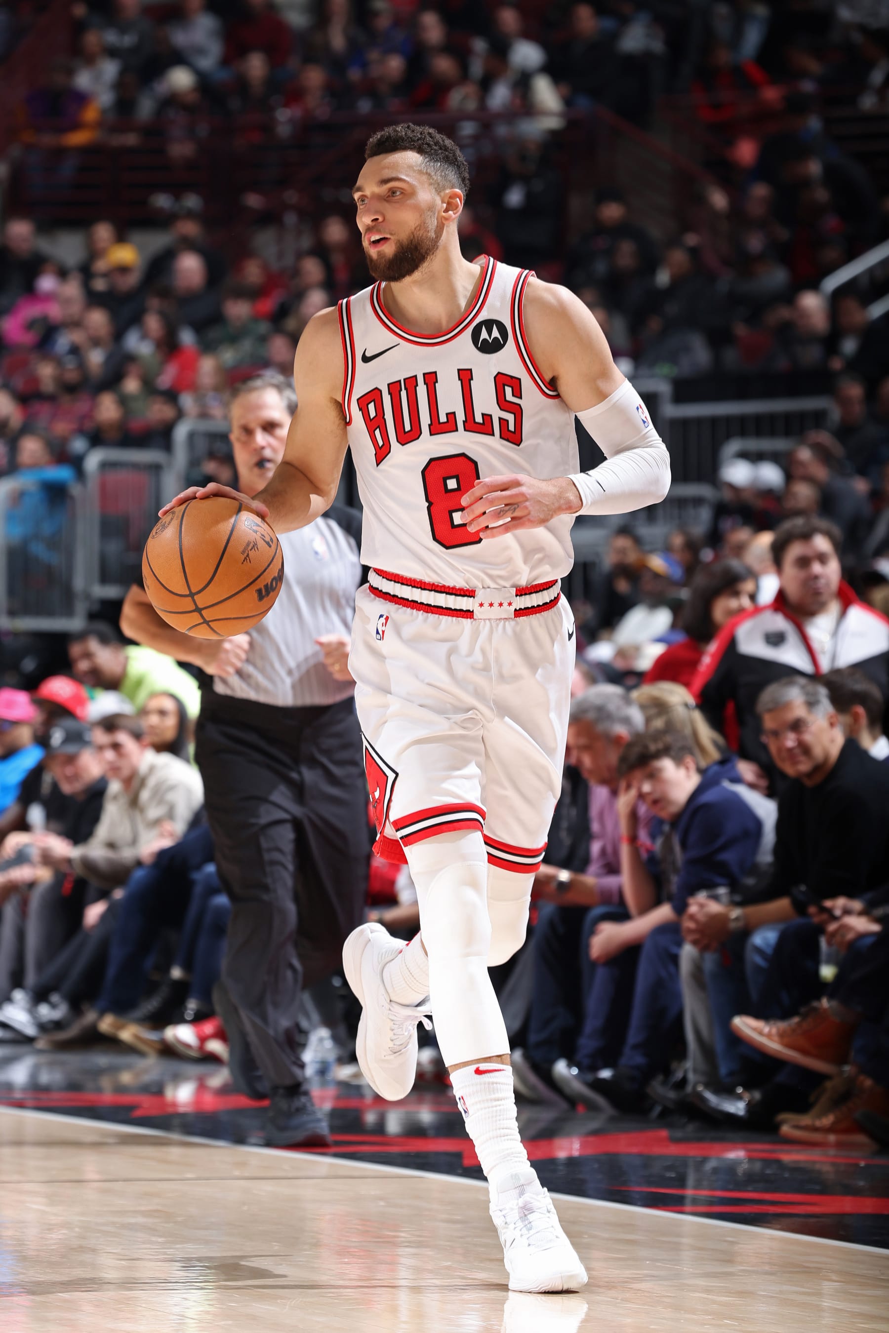 CHICAGO, IL - JANUARY 12: Zach LaVine #8 of the Chicago Bulls brings the ball up court during the game against the Golden State Warriors on January 12, 2024 at United Center in Chicago, Illinois. NOTE TO USER: User expressly acknowledges and agrees that, by downloading and or using this photograph, User is consenting to the terms and conditions of the Getty Images License Agreement. Mandatory Copyright Notice: Copyright 2024 NBAE (Photo by Jeff Haynes/NBAE via Getty Images)