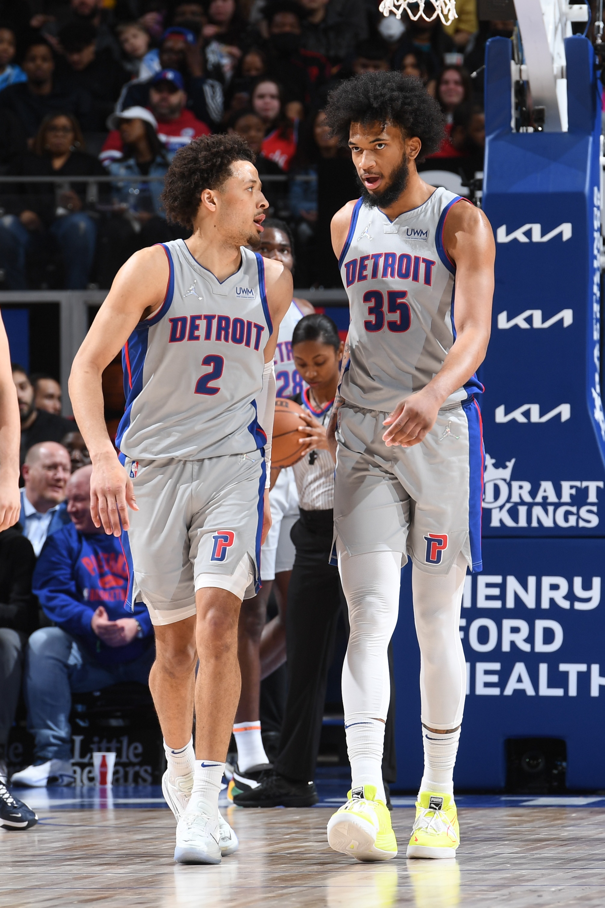 DETROIT, MI - MARCH 31: Cade Cunningham #2 talks to Marvin Bagley III #35 of the Detroit Pistons during the game against the Philadelphia 76ers on March 31, 2022 at Little Caesars Arena in Detroit, Michigan. NOTE TO USER: User expressly acknowledges and agrees that, by downloading and/or using this photograph, User is consenting to the terms and conditions of the Getty Images License Agreement. Mandatory Copyright Notice: Copyright 2022 NBAE (Photo by Chris Schwegler/NBAE via Getty Images)