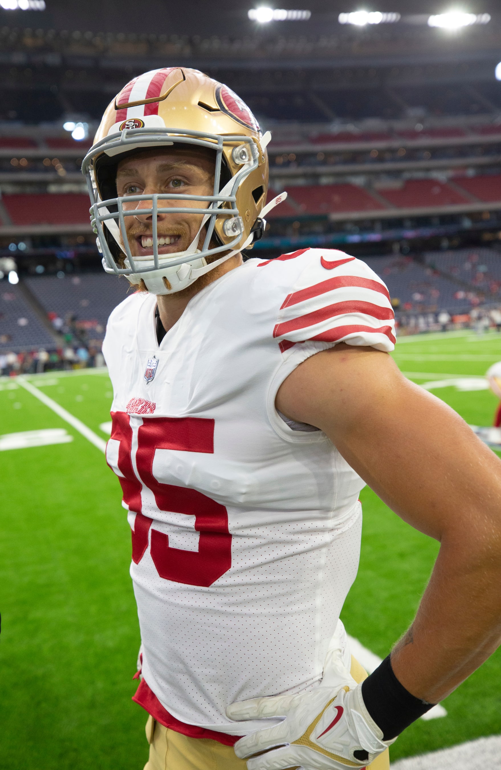 HOUSTON, TX - AUGUST 25: George Kittle #85 of the San Francisco 49ers on the field before the game against the Houston Texans at NRG Stadium on August 25, 2022 in Minneapolis, Texas. The Texans defeated the 49ers 17-7. (Photo by Michael Zagaris/San Francisco 49ers/Getty Images)