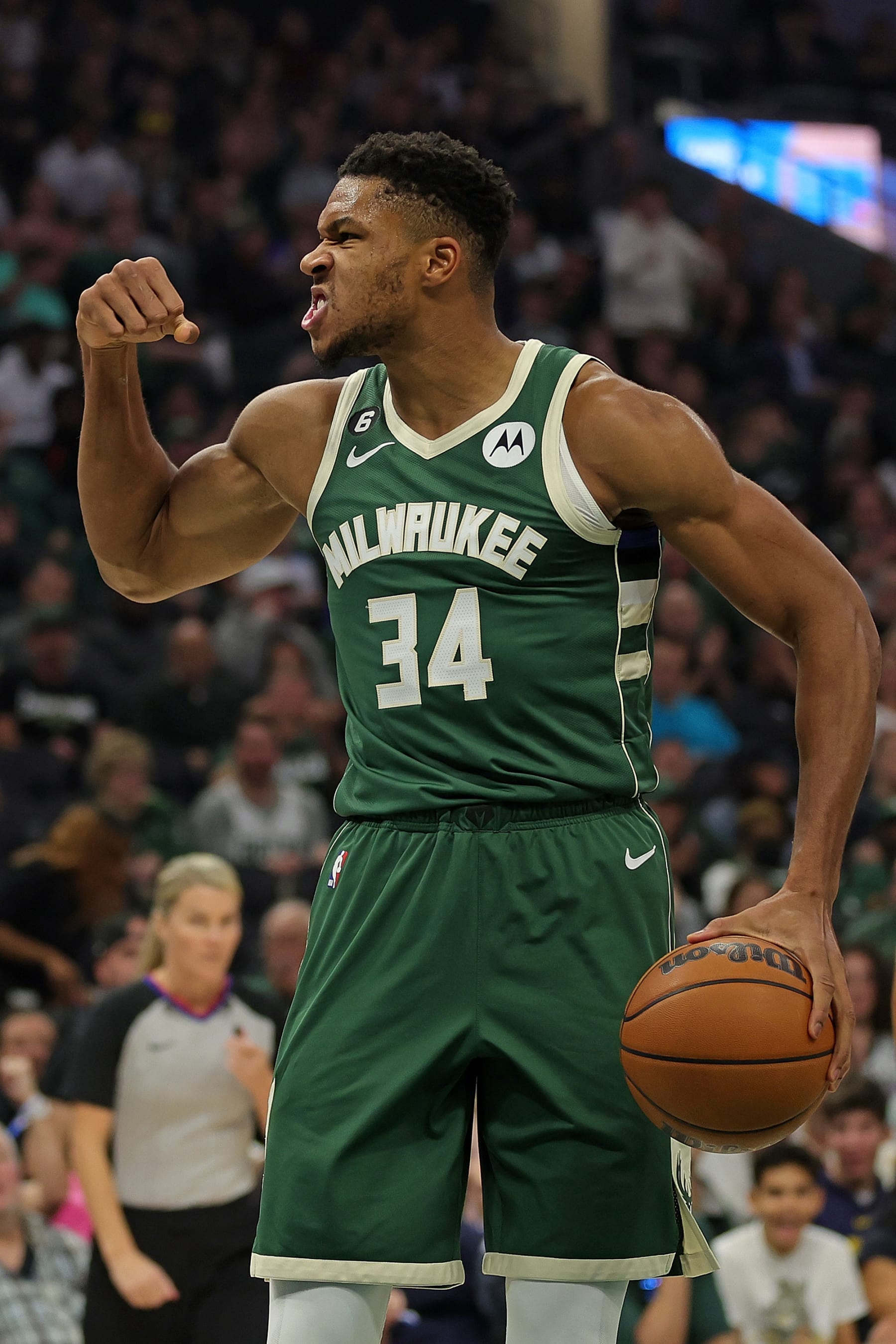 MILWAUKEE, WISCONSIN - OCTOBER 22: Giannis Antetokounmpo #34 of the Milwaukee Bucks reacts to a basket during the first half of a game against the Houston Rockets at Fiserv Forum on October 22, 2022 in Milwaukee, Wisconsin. NOTE TO USER: User expressly acknowledges and agrees that, by downloading and or using this photograph, User is consenting to the terms and conditions of the Getty Images License Agreement. (Photo by Stacy Revere/Getty Images)