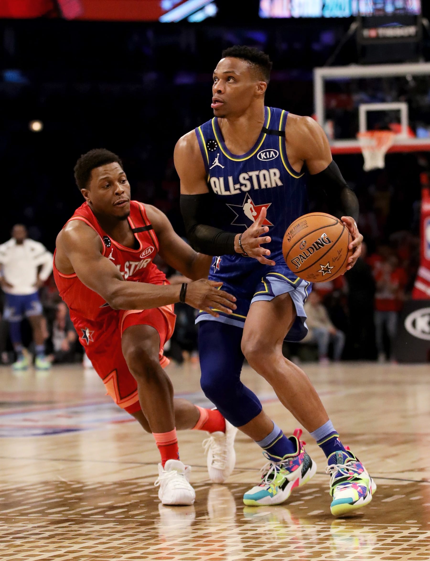CHICAGO, ILLINOIS - FEBRUARY 16: Russell Westbrook #2 of Team LeBron dribbles the ball while being guarded by Kyle Lowry #24 of Team Giannis in the fourth quarter during the 69th NBA All-Star Game at the United Center on February 16, 2020 in Chicago, Illinois. NOTE TO USER: User expressly acknowledges and agrees that, by downloading and or using this photograph, User is consenting to the terms and conditions of the Getty Images License Agreement. (Photo by Jonathan Daniel/Getty Images)