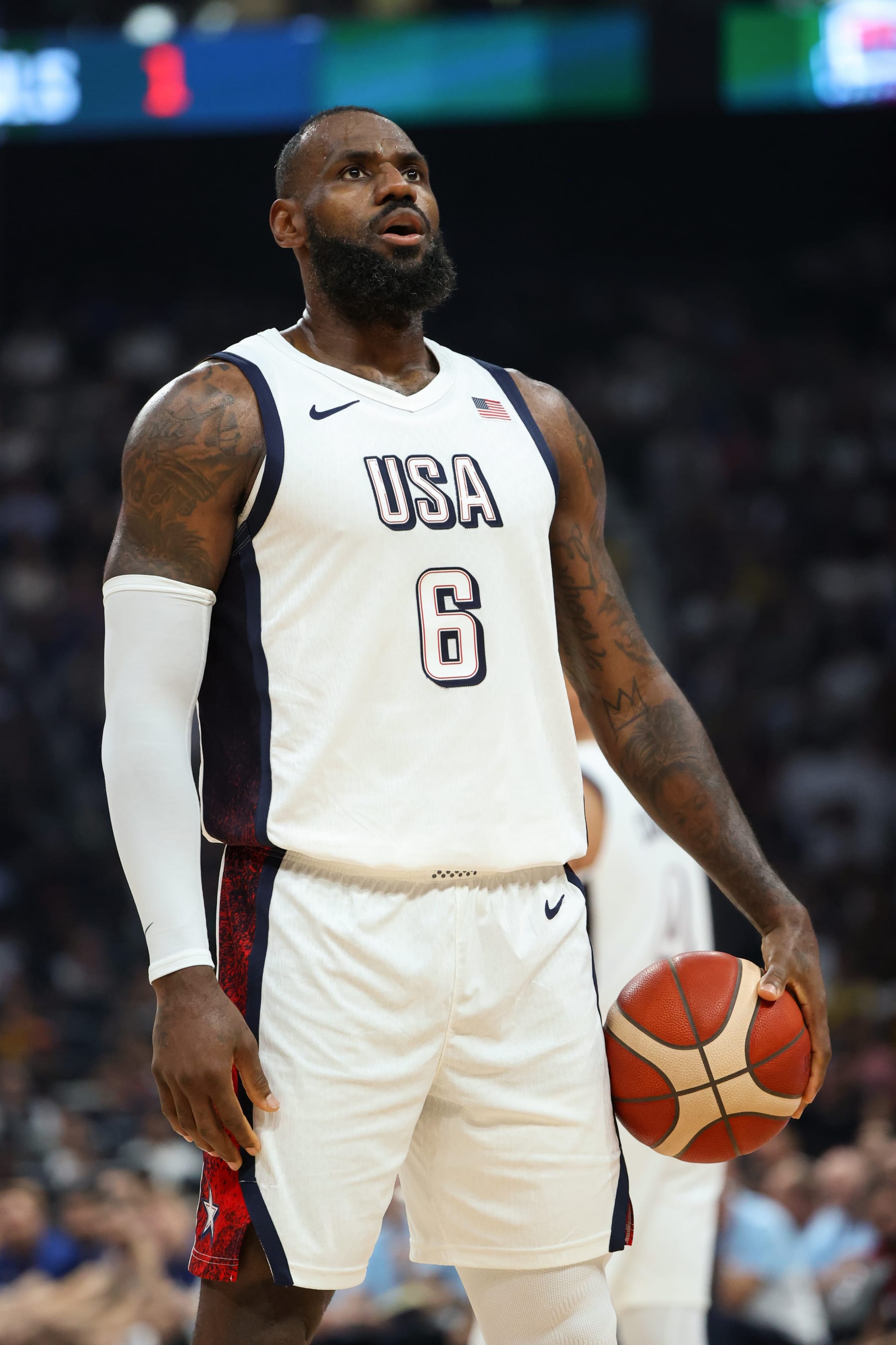 ABU DHABI, UAE - JULY 17: LeBron James #6 of Team USA prepares to shoot a free throw against the Serbian Men's National Team during the 2024 USA Basketball Showcase on July 17, 2024 in Abu Dhabi, The United Arab Emirates at Etihad Arena. NOTE TO USER: User expressly acknowledges and agrees that, by downloading and/or using this Photograph, user is consenting to the terms and conditions of the Getty Images License Agreement. Mandatory Copyright Notice: Copyright 2024 NBAE (Photo by Joe Murphy/NBAE via Getty Images)