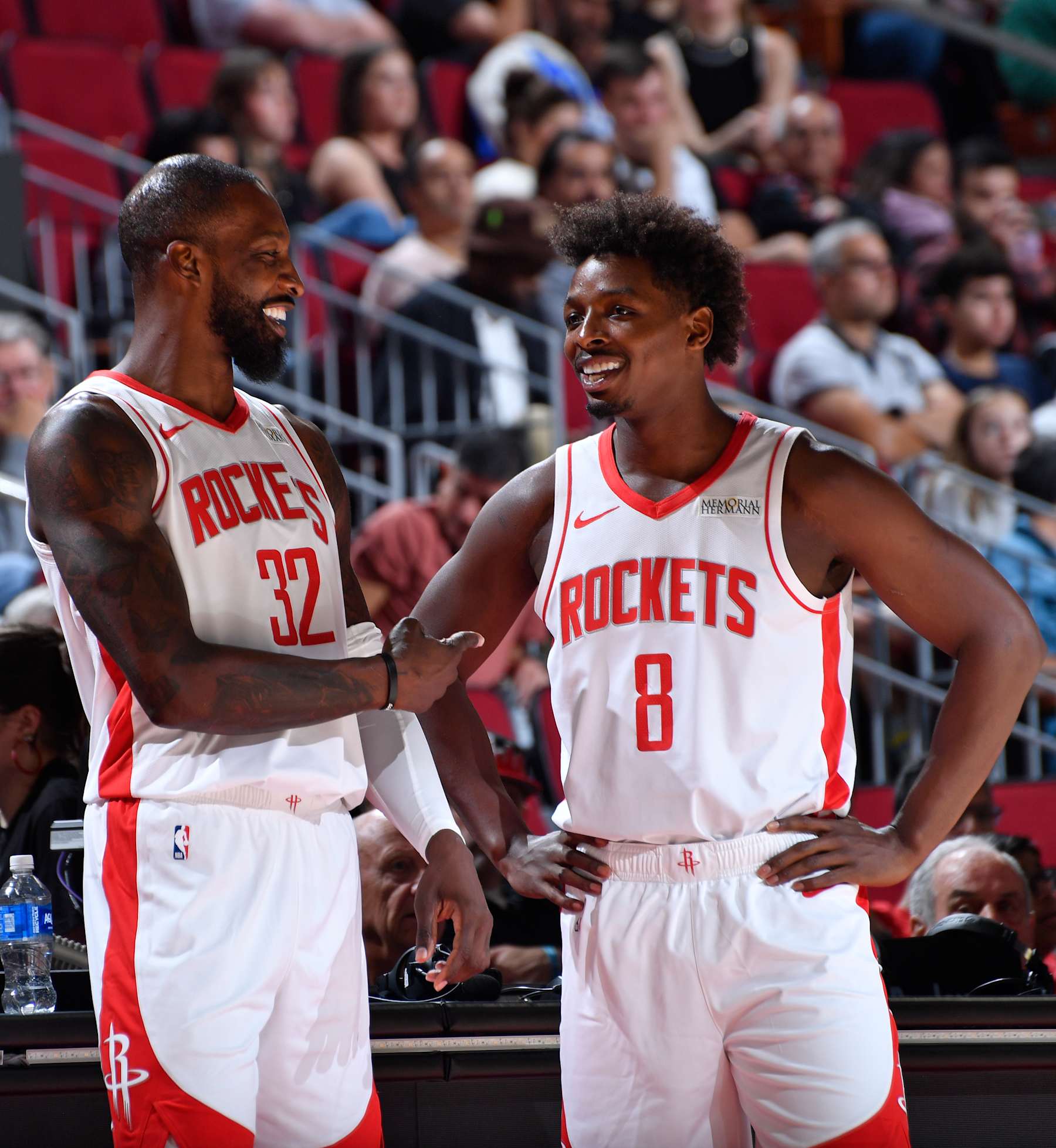 HOUSTON, TX - NOVEMBER 6: Jeff Green #32 and Jae'Sean Tate #8 of the Houston Rockets talk during the game against the San Antonio Spurs on November 6, 2024 at the Toyota Center in Houston, Texas. NOTE TO USER: User expressly acknowledges and agrees that, by downloading and or using this photograph, User is consenting to the terms and conditions of the Getty Images License Agreement. Mandatory Copyright Notice: Copyright 2024 NBAE (Photo by Logan Riely/NBAE via Getty Images)