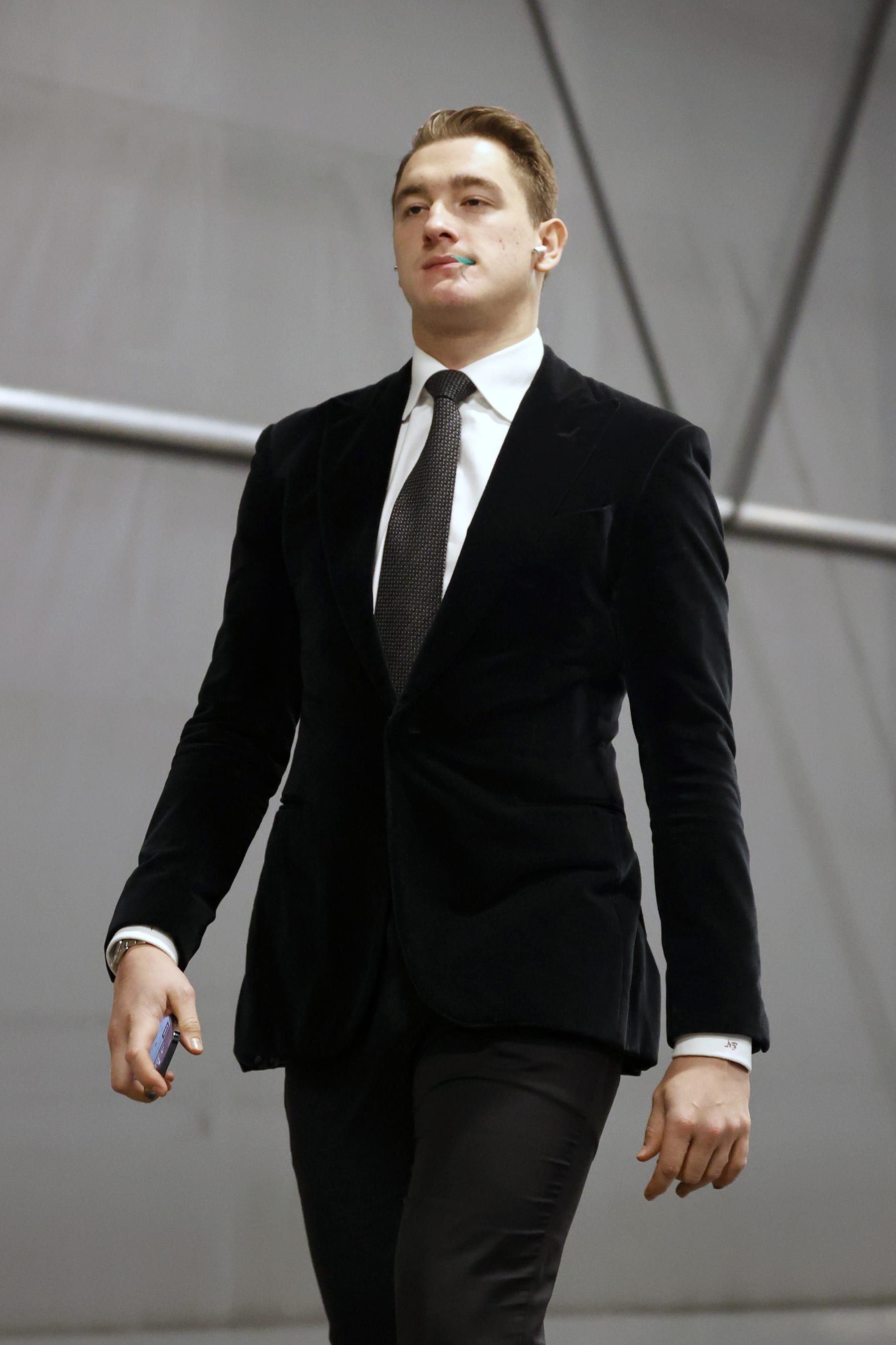 SEATTLE, WASHINGTON - DECEMBER 28: Nikita Zadorov #16 of the Calgary Flames arrives before the game against the Seattle Kraken at Climate Pledge Arena on December 28, 2022 in Seattle, Washington. (Photo by Steph Chambers/Getty Images)