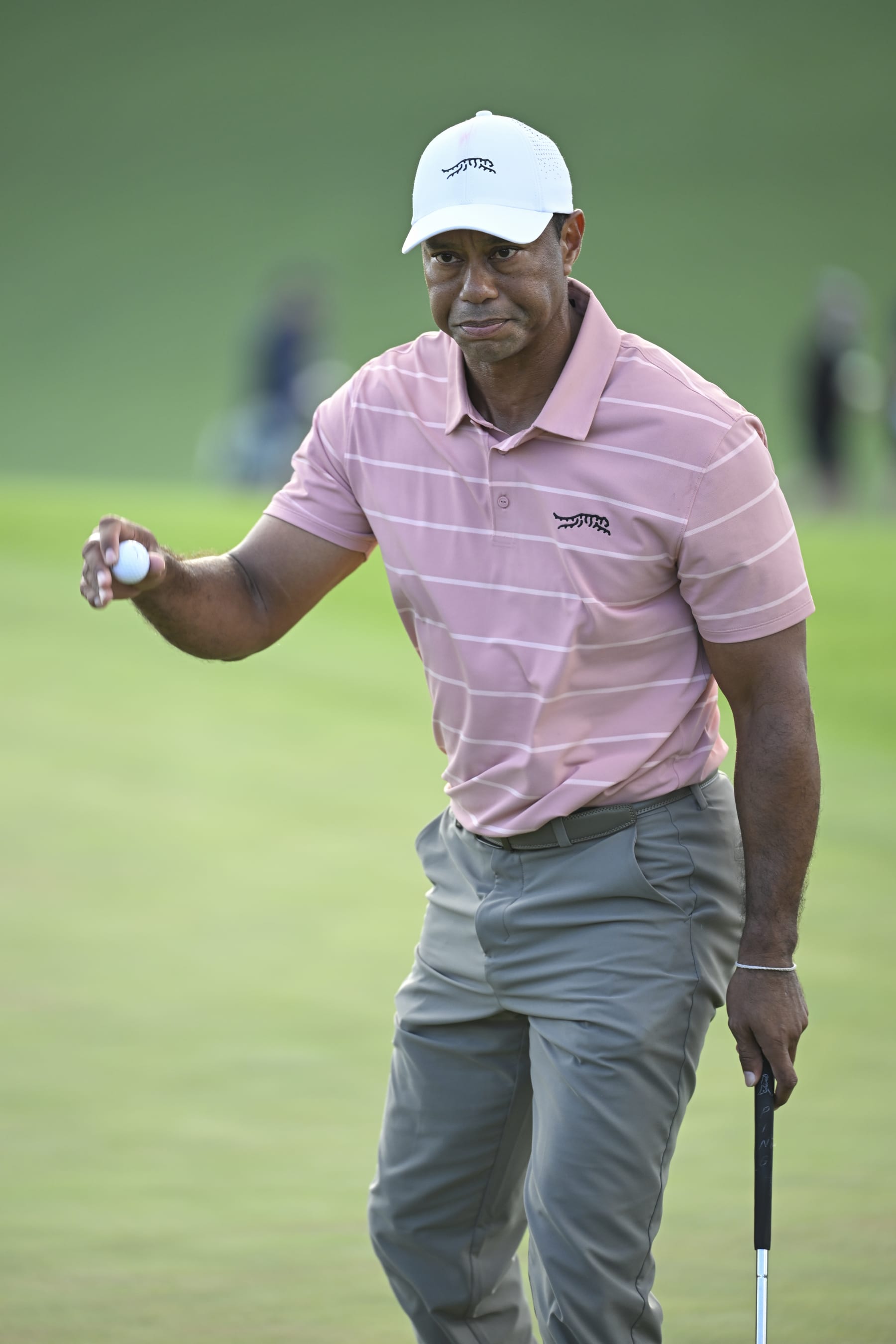AUGUSTA, GEORGIA - APRIL 11: Tiger Woods waves after putting out at the ninth green during the first round of Masters Tournament at Augusta National Golf Club on April 11, 2024 in Augusta, Georgia. (Photo by Ben Jared/PGA TOUR via Getty Images)
