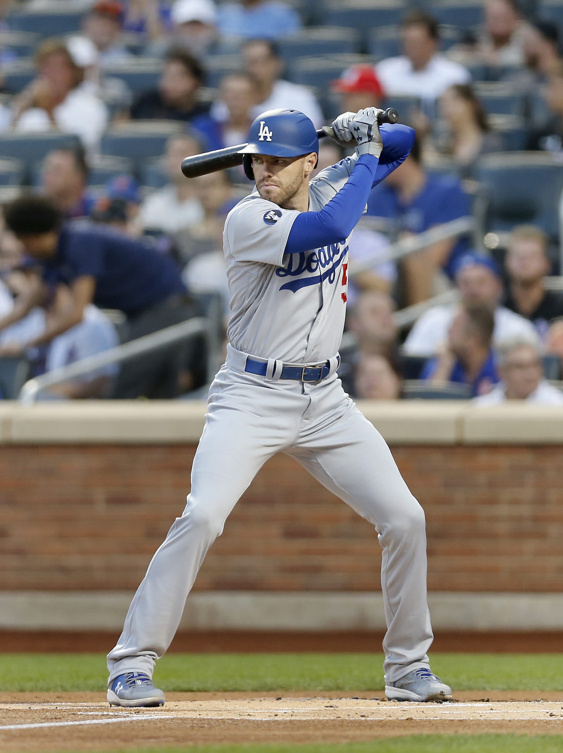 NEW YORK, NEW YORK - AUGUST 31:  Freddie Freeman #5 of the Los Angeles Dodgers in action against the New York Mets at Citi Field on August 31, 2022 in New York City. The Mets defeated the Dodgers 2-1. (Photo by Jim McIsaac/Getty Images)