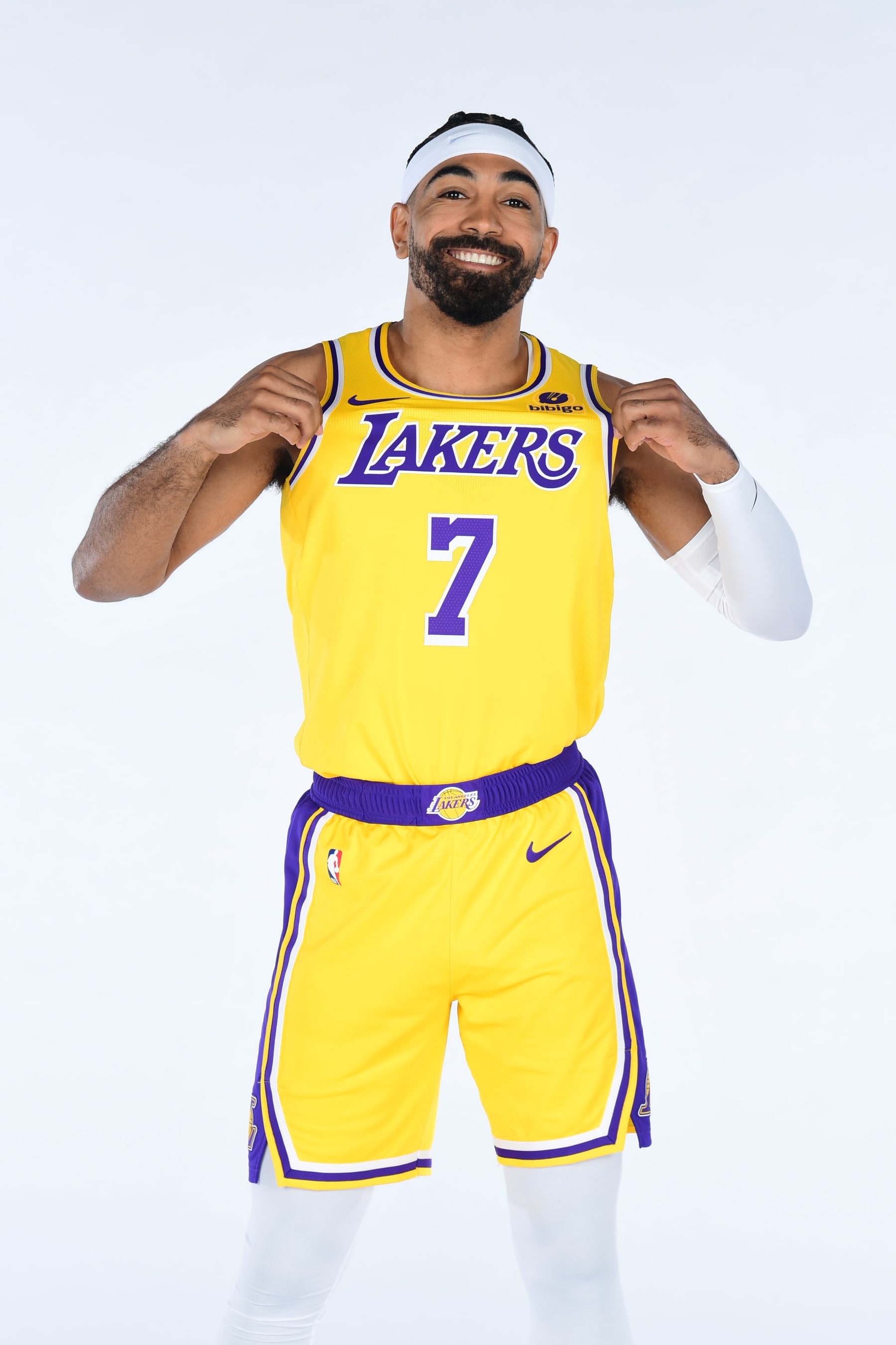 EL SEGUNDO, CA - OCTOBER 02: Gabe Vincent #7 of the Los Angeles Lakers poses for a portrait during 2023-24 NBA Media day at UCLA Health Training Center on October 02, 2023 in El Segundo, California. NOTE TO USER: User expressly acknowledges and agrees that, by downloading and/or using this Photograph, user is consenting to the terms and conditions of the Getty Images License Agreement. Mandatory Copyright Notice: Copyright 2023 NBAE (Photo by Adam Pantozzi/NBAE via Getty Images)