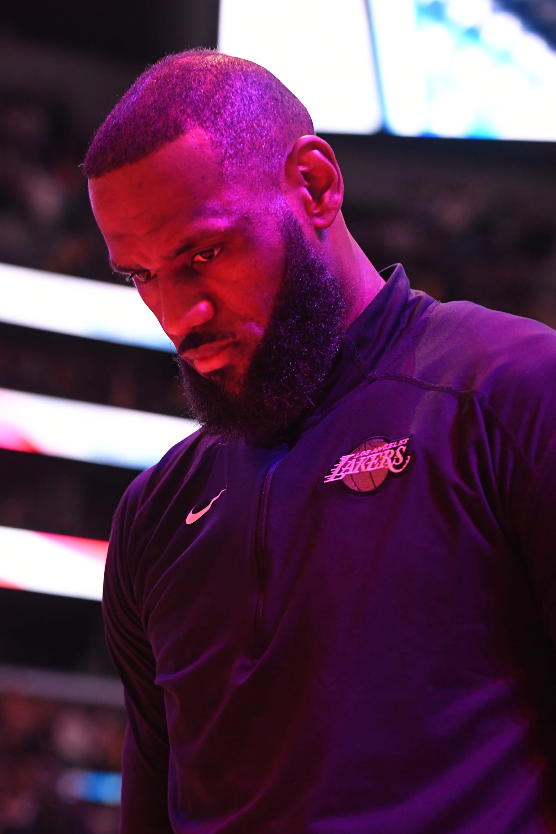 LOS ANGELES, CA - DECEMBER 5: LeBron James #23 of the Los Angeles Lakers stands for the National Anthem before the game against the Phoenix Suns during the quarterfinals of the In-Season Tournament on December 5, 2023 at Crypto.Com Arena in Los Angeles, California. NOTE TO USER: User expressly acknowledges and agrees that, by downloading and/or using this Photograph, user is consenting to the terms and conditions of the Getty Images License Agreement. Mandatory Copyright Notice: Copyright 2023 NBAE (Photo by Andrew D. Bernstein/NBAE via Getty Images)