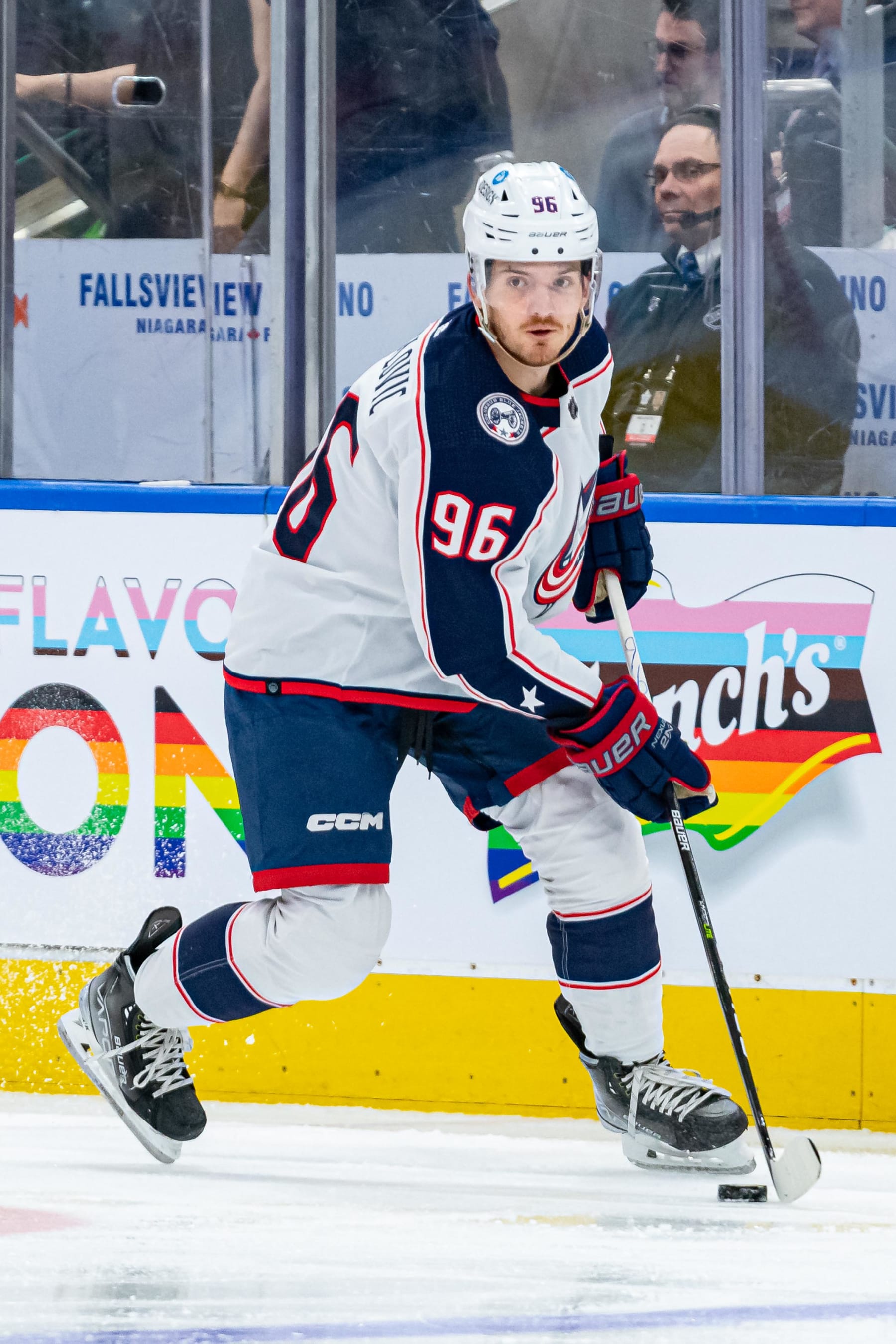 TORONTO, ON - APRIL 04: Columbus Blue Jackets Center Jack Roslovic (96) skates with the puck during the NHL regular season game between the Columbus Blue Jackets and the Toronto Maple Leafs on April 4, 2023, at Scotiabank Arena in Toronto, ON, Canada. (Photo by Julian Avram/Icon Sportswire via Getty Images)