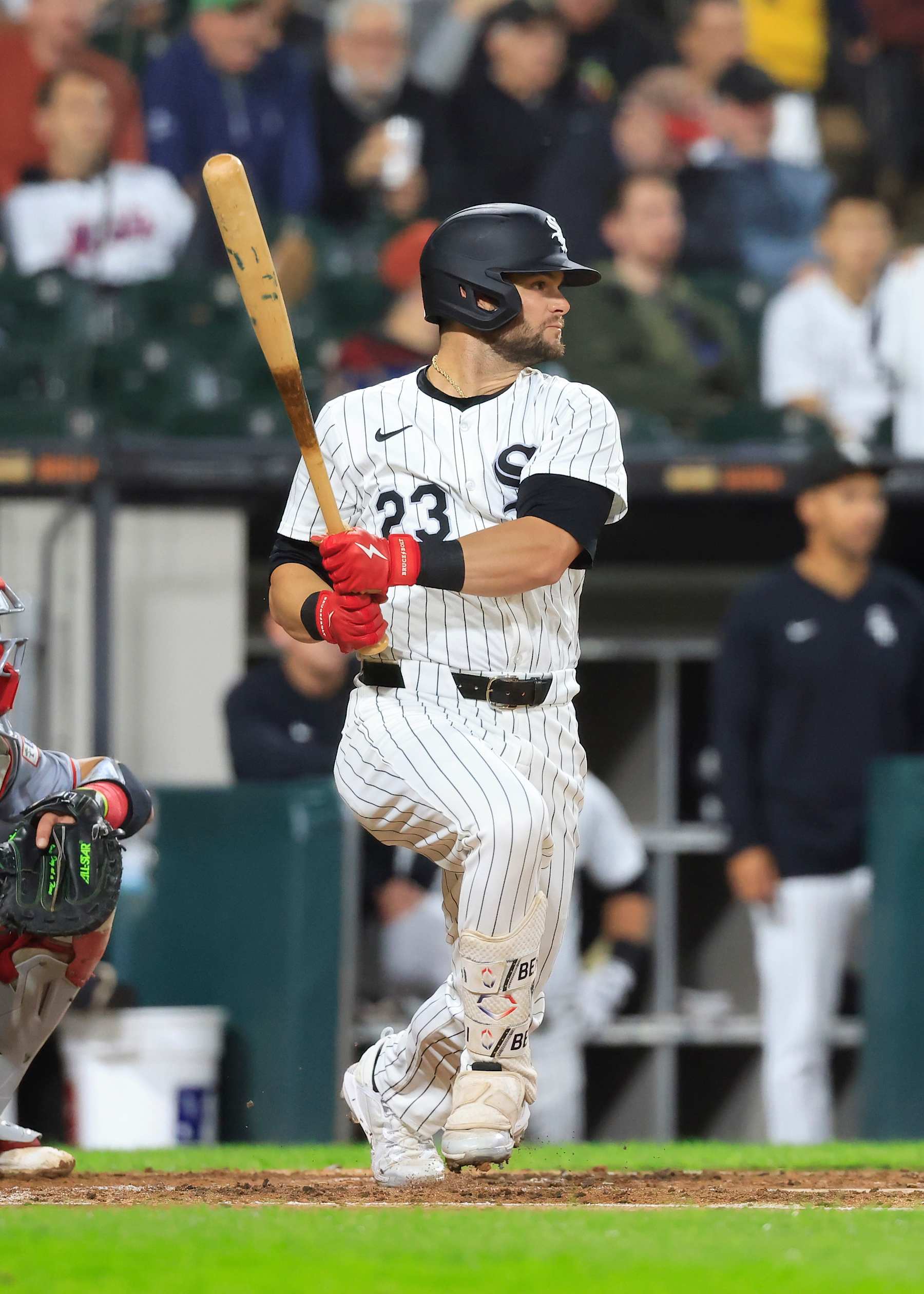 CHICAGO, ILLINOIS - SEPTEMBER 24: Andrew Benintendi #23 of the Chicago White Sox at bat against the Los Angeles Angels at Guaranteed Rate Field on September 24, 2024 in Chicago, Illinois. (Photo by Justin Casterline/Getty Images)