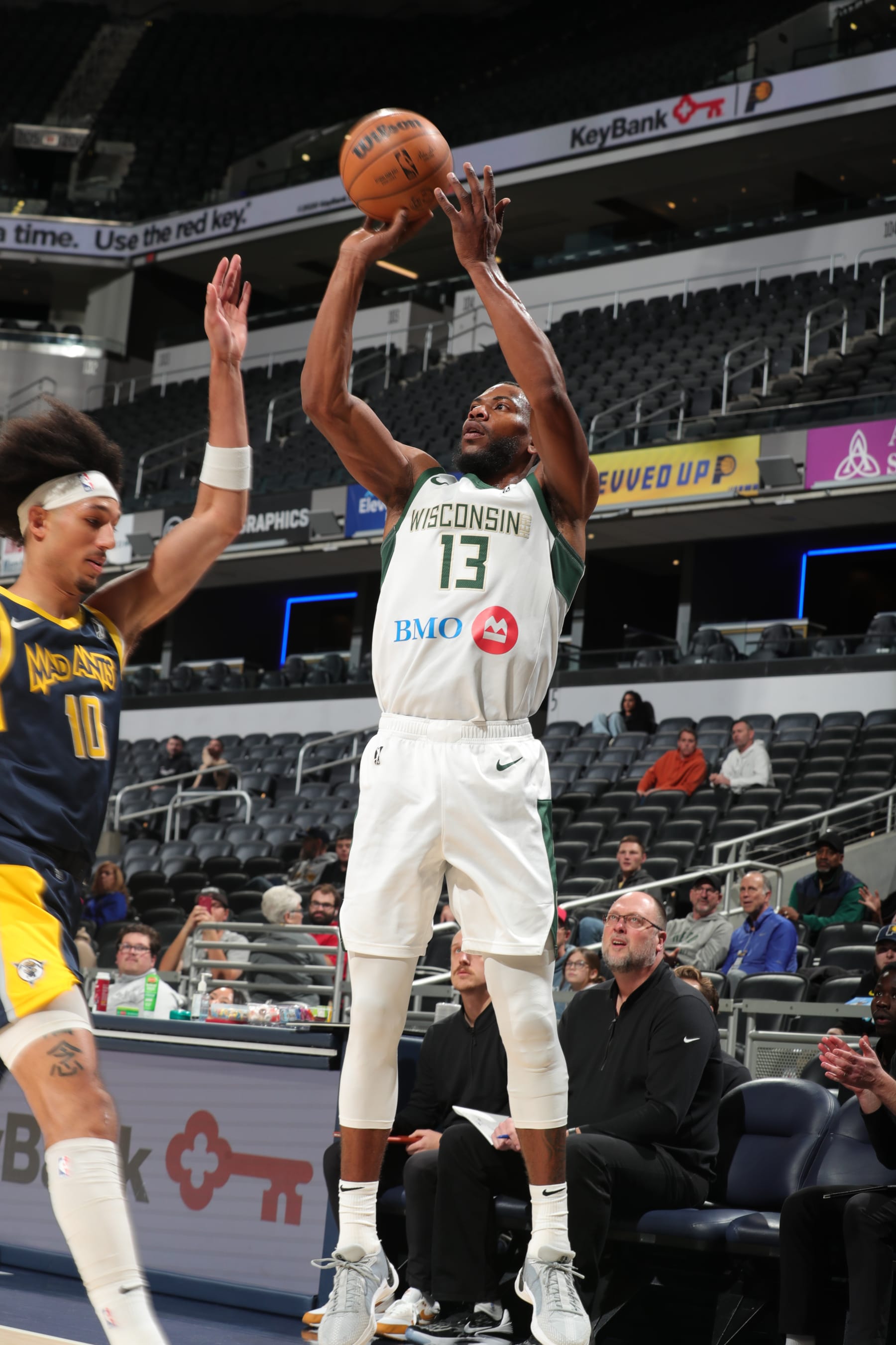 Indianapolis, IN - December 13th: Glenn Robinson III #13 of the Wisconsin Herd shoots a three-point shot against Kendall Brown #10 of the Indiana Mad Ants at Gainbridge Fieldhouse on December 13th, 2023 in Indianapolis, Indiana. NOTE TO USER: User expressly acknowledges and agrees that, by downloading and or using this photograph, User is consenting to the terms and conditions of the Getty Images License Agreement. Mandatory Copyright Notice: Copyright 2023 NBAE (Photo by Pepper Robinson/NBAE via Getty Images)