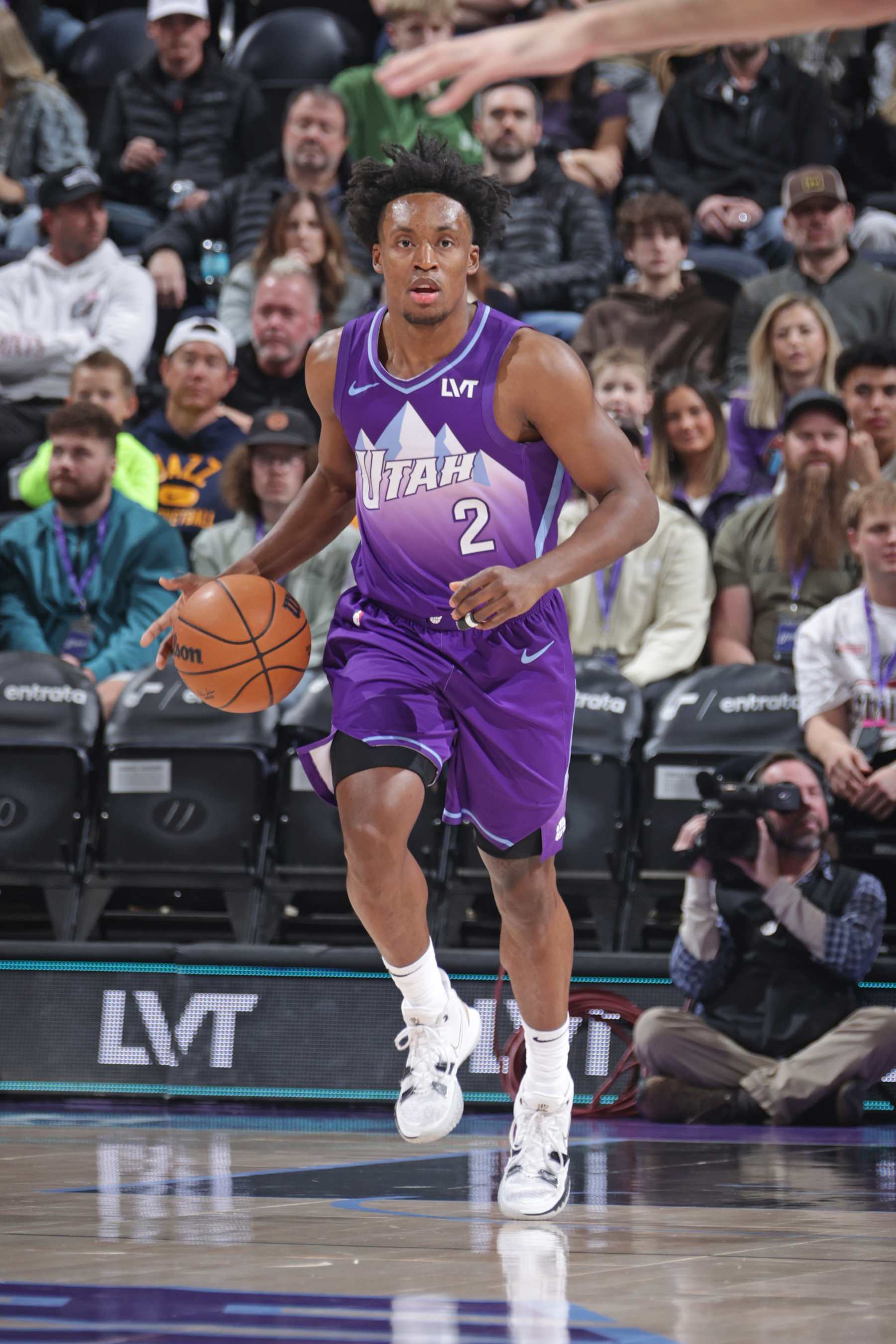 SALT LAKE CITY, UT - FEBRUARY 1: Collin Sexton #2 of the Utah Jazz handles the ball during the game against the Orlando Magic on February 1, 2025 at Delta Center in Salt Lake City, Utah. NOTE TO USER: User expressly acknowledges and agrees that, by downloading and or using this Photograph, User is consenting to the terms and conditions of the Getty Images License Agreement. Mandatory Copyright Notice: Copyright 2025 NBAE (Photo by Melissa Majchrzak/NBAE via Getty Images)