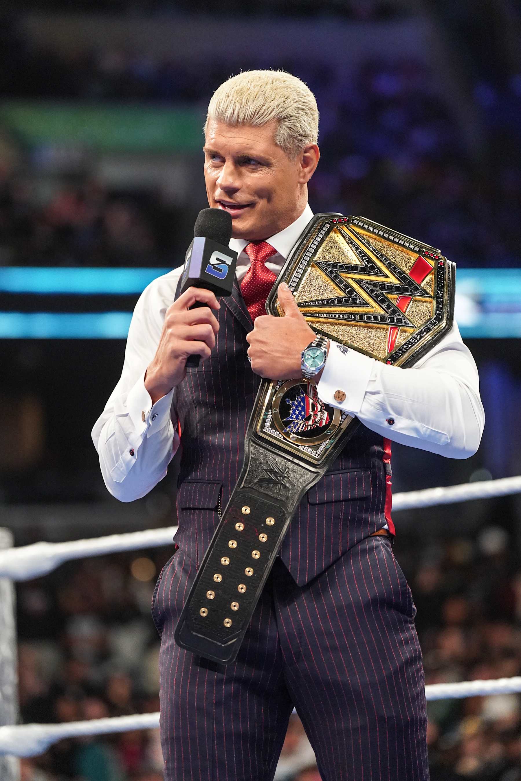 MEMPHIS, TENNESSEE - FEBRUARY 7: Cody Rhodes speaks to Jey Uso during SmackDown at FedExForum on February 7, 2025 in Memphis, Tennessee. (Photo by Heather McLaughlin/WWE via Getty Images)