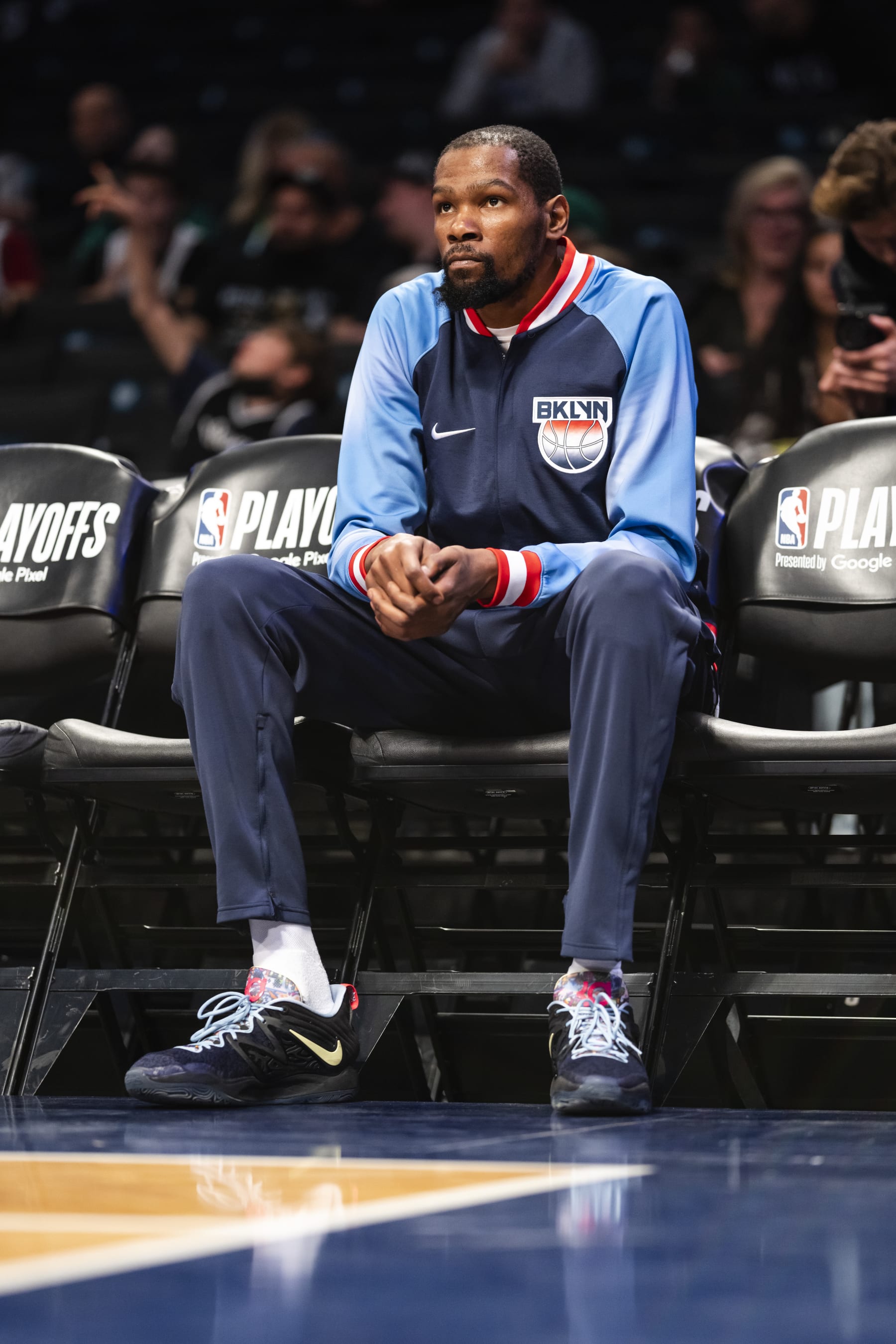 BROOKLYN, NY - APRIL 25: Kevin Durant #7 of the Brooklyn Nets looks on before Round 1 Game 4 of the NBA Playoffs on April 25, 2022 at the Barclays Center in Brooklyn, New York. NOTE TO USER: User expressly acknowledges and agrees that, by downloading and/or using this photograph, user is consenting to the terms and conditions of the Getty Images License Agreement. Mandatory Copyright Notice: Copyright 2022 NBAE (Photo by Evan Yu/NBAE via Getty Images)