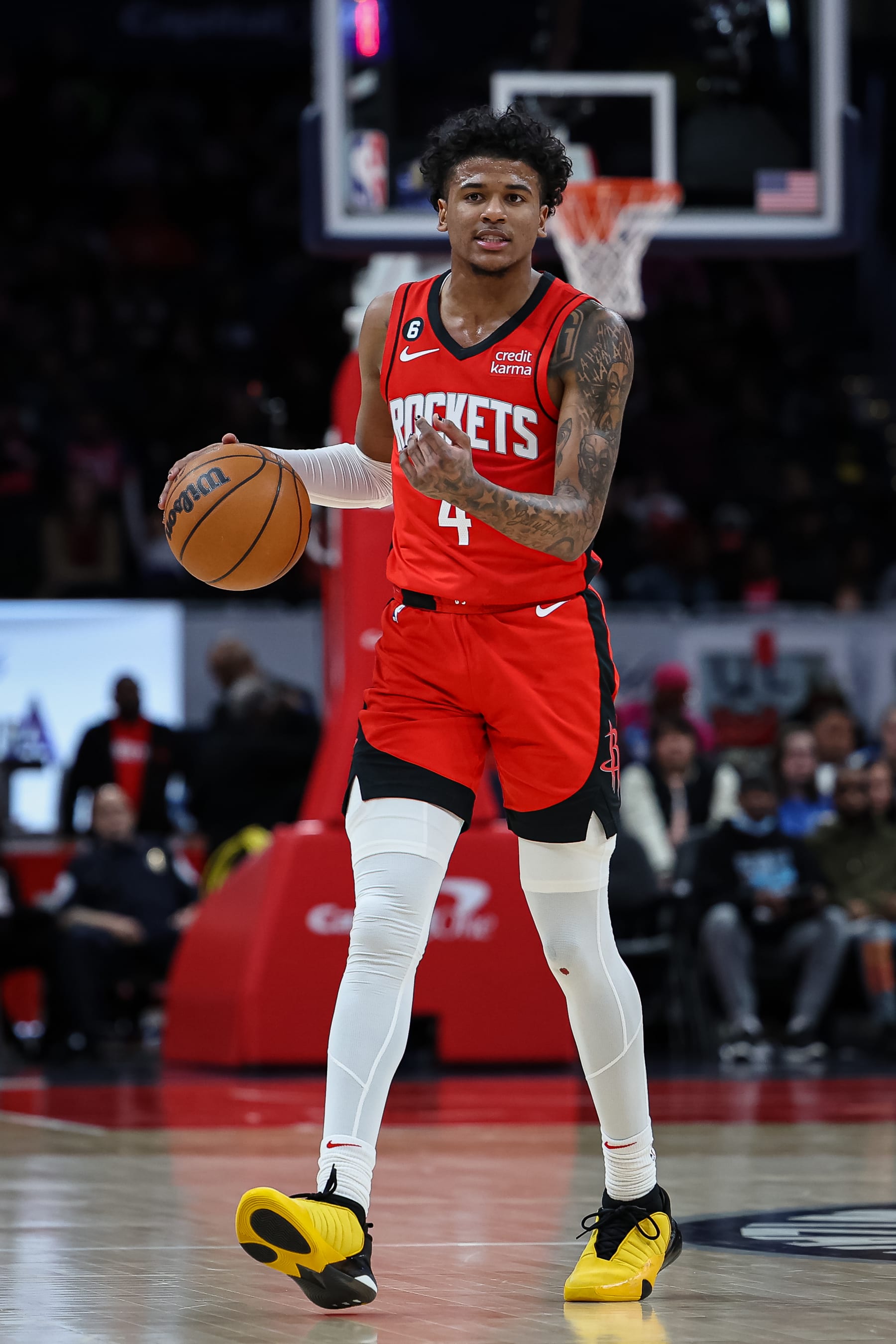 WASHINGTON, DC - APRIL 09: Jalen Green #4 of the Houston Rockets brings the ball up court against the Washington Wizards during the first half at Capital One Arena on April 9, 2023 in Washington, DC. NOTE TO USER: User expressly acknowledges and agrees that, by downloading and or using this photograph, User is consenting to the terms and conditions of the Getty Images License Agreement. (Photo by Scott Taetsch/Getty Images)