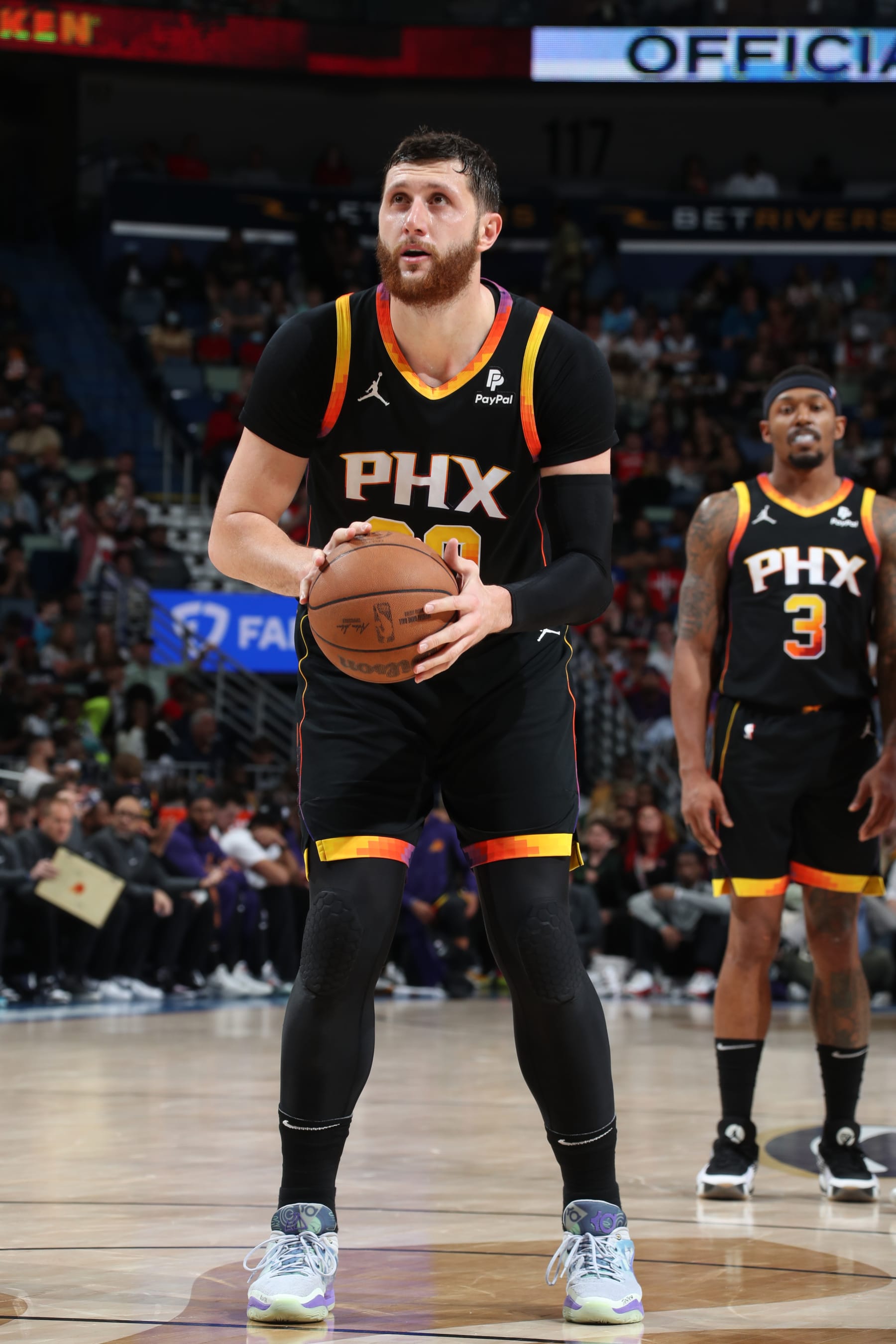 NEW ORLEANS, LA - APRIL 1:  Jusuf Nurkic #20 of the Phoenix Suns shoots a free throw during the game against the New Orleans Pelicans on April 1, 2024 at the Smoothie King Center in New Orleans, Louisiana. NOTE TO USER: User expressly acknowledges and agrees that, by downloading and or using this Photograph, user is consenting to the terms and conditions of the Getty Images License Agreement. Mandatory Copyright Notice: Copyright 2024 NBAE (Photo by Layne Murdoch Jr./NBAE via Getty Images)