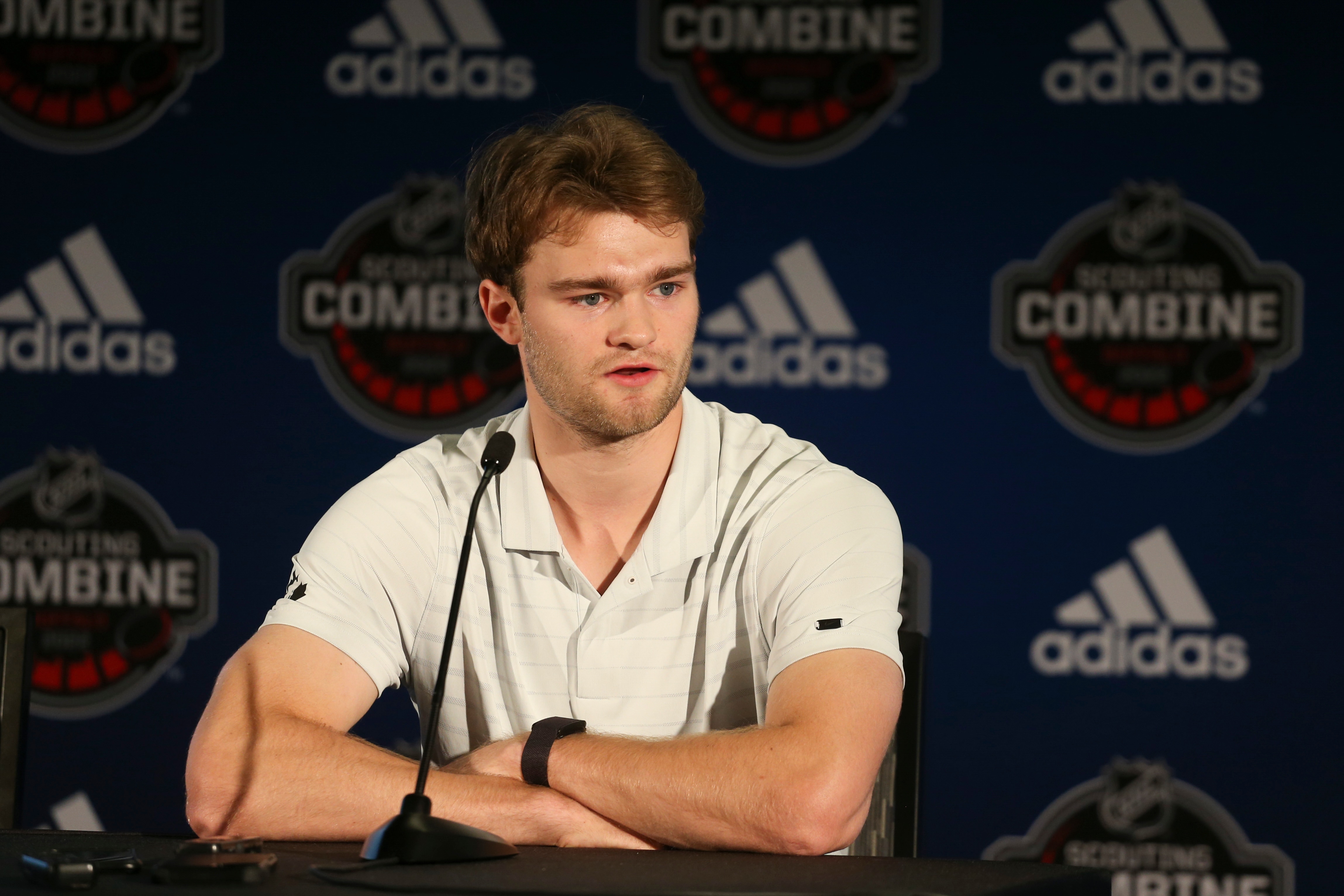 BUFFALO, NEW YORK - JUNE 03: Shane Wright speaks at the Top Prospects Media Availability at the NHL Scouting Combine at HarborCenter on June 03, 2022 in Buffalo, New York. (Photo by Joshua Bessex/NHLI via Getty Images)