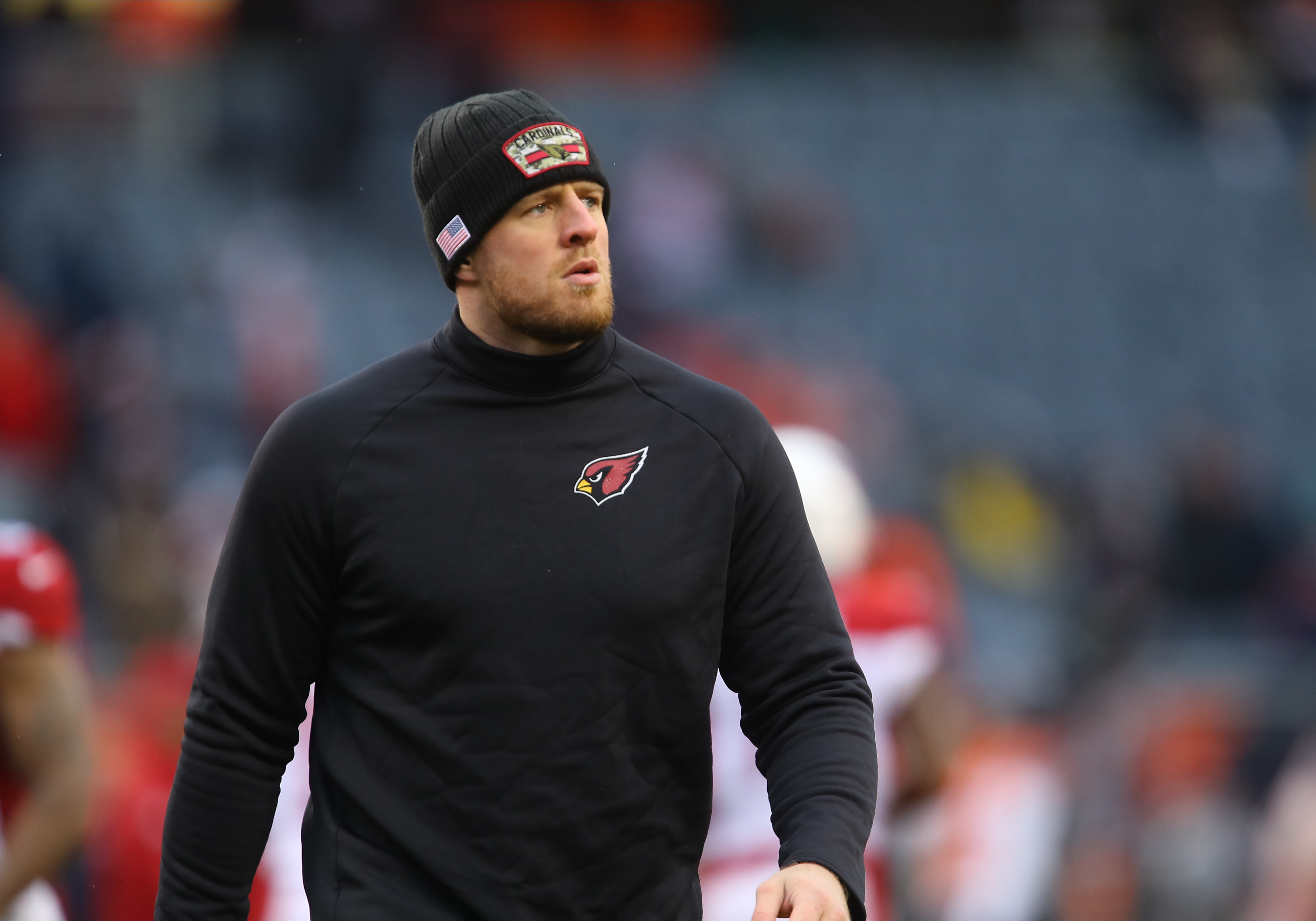 CHICAGO, IL - DECEMBER 05:Arizona Cardinals Defensive End J.J. Watt (99) looks on before a NFL game between the Arizona Cardinals and the Chicago Bears on December 5, 2021 at Soldier Field in Chicago, IL. (Photo by Melissa Tamez/Icon Sportswire via Getty Images)