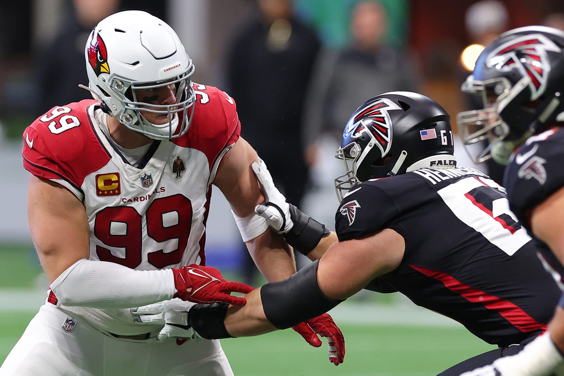 ATLANTA, GEORGIA - JANUARY 01: J.J. Watt #99 of the Arizona Cardinals in action during the first quarter in the game against the Atlanta Falcons at Mercedes-Benz Stadium on January 01, 2023 in Atlanta, Georgia. (Photo by Kevin C. Cox/Getty Images)