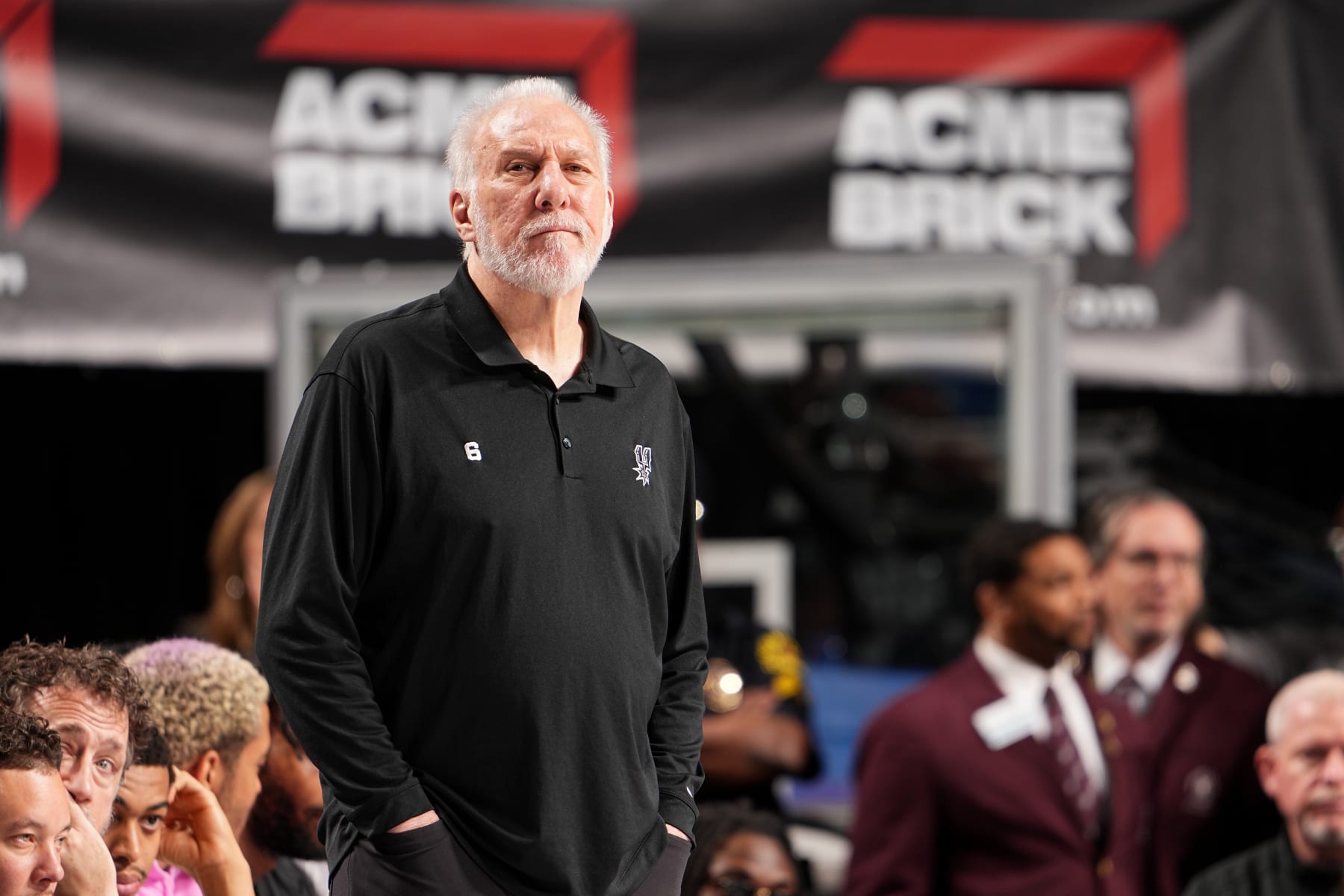 DALLAS, TX - APRIL 9: Head Coach Gregg Popovich of the San Antonio Spurs looks on during the game against the Dallas Mavericks on April 9, 2023 at the American Airlines Center in Dallas, Texas. NOTE TO USER: User expressly acknowledges and agrees that, by downloading and or using this photograph, User is consenting to the terms and conditions of the Getty Images License Agreement. Mandatory Copyright Notice: Copyright 2023 NBAE (Photo by Glenn James/NBAE via Getty Images)